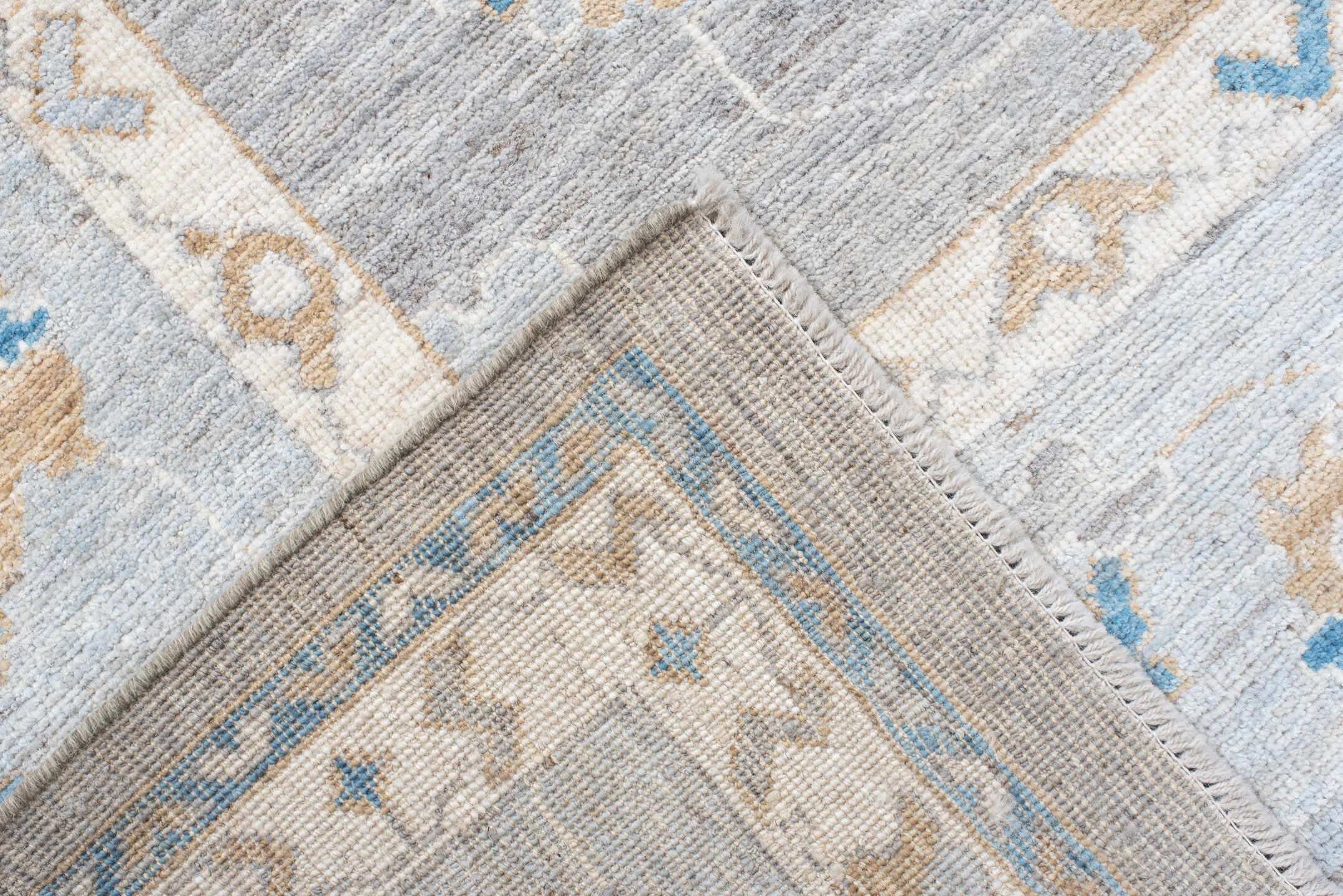 8' x 11' one-of-a-kind handmade vintage Oushak large size rug. Color palette: light gray, ivory, sky blue, beige, taupe