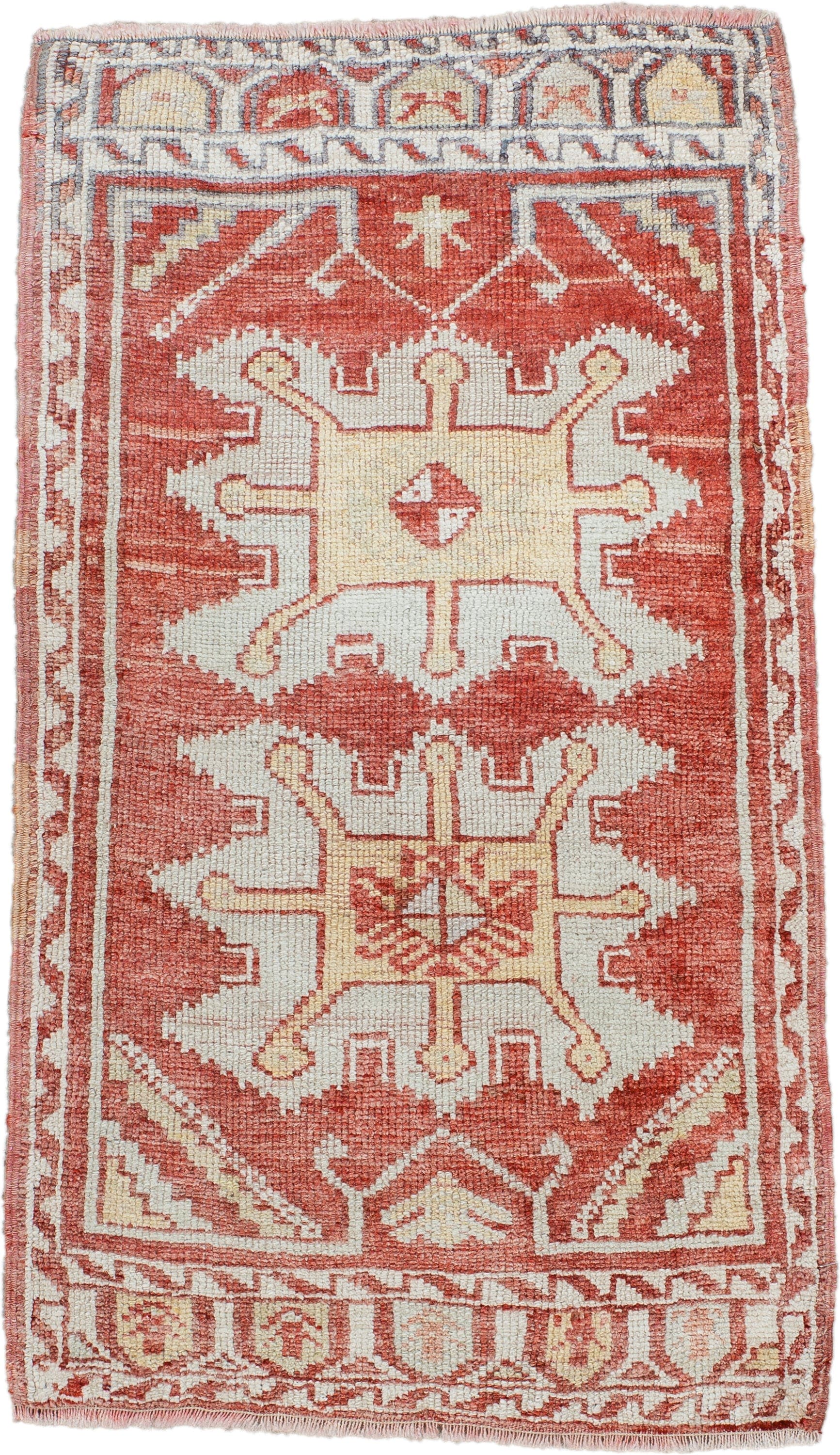 1' x 3' one-of-a-kind handmade antique Anatolian small size rug. Color palette: rust, ivory, cream, terracotta, pale blue