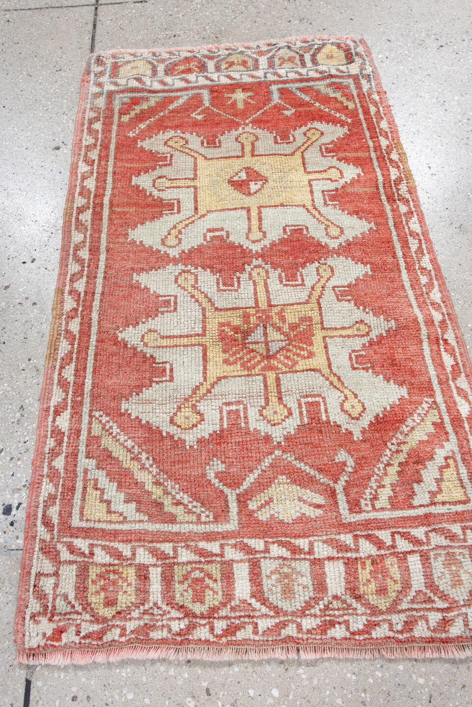 1' x 3' one-of-a-kind handmade antique Anatolian small size rug. Color palette: rust, ivory, cream, terracotta, pale blue