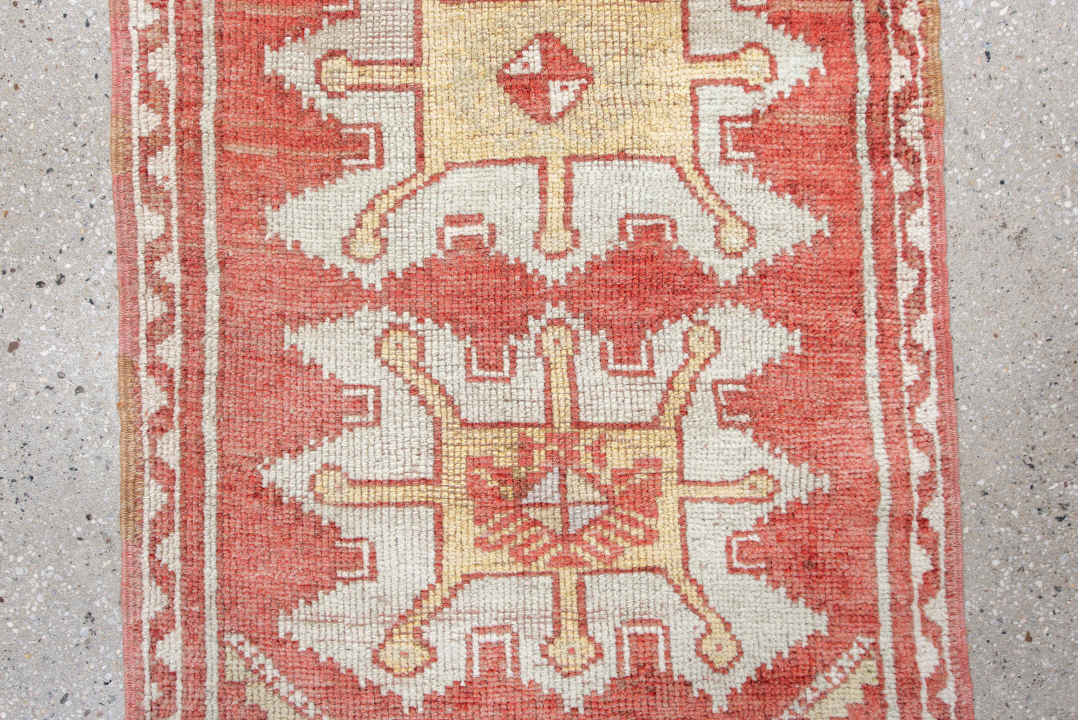 1' x 3' one-of-a-kind handmade vintage Anatol small size rug. Color palette: brown, red, pink, gray, orange, off-white