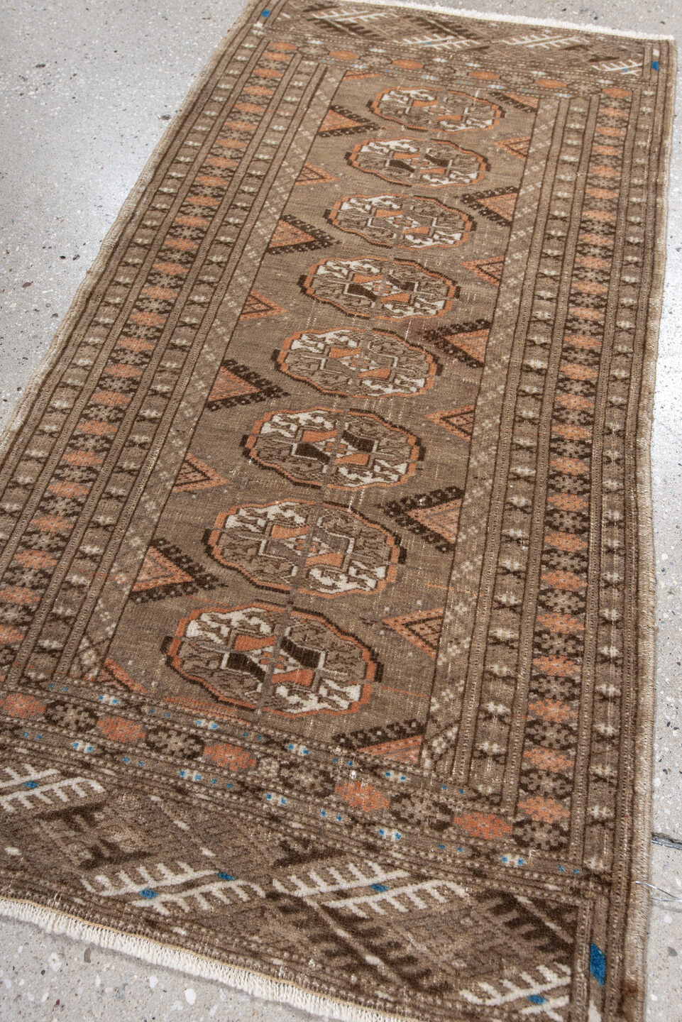 1' x 3' one-of-a-kind handmade vintage Oushak small size rug. Color palette: arapawa, blue, brown, gray, light gray