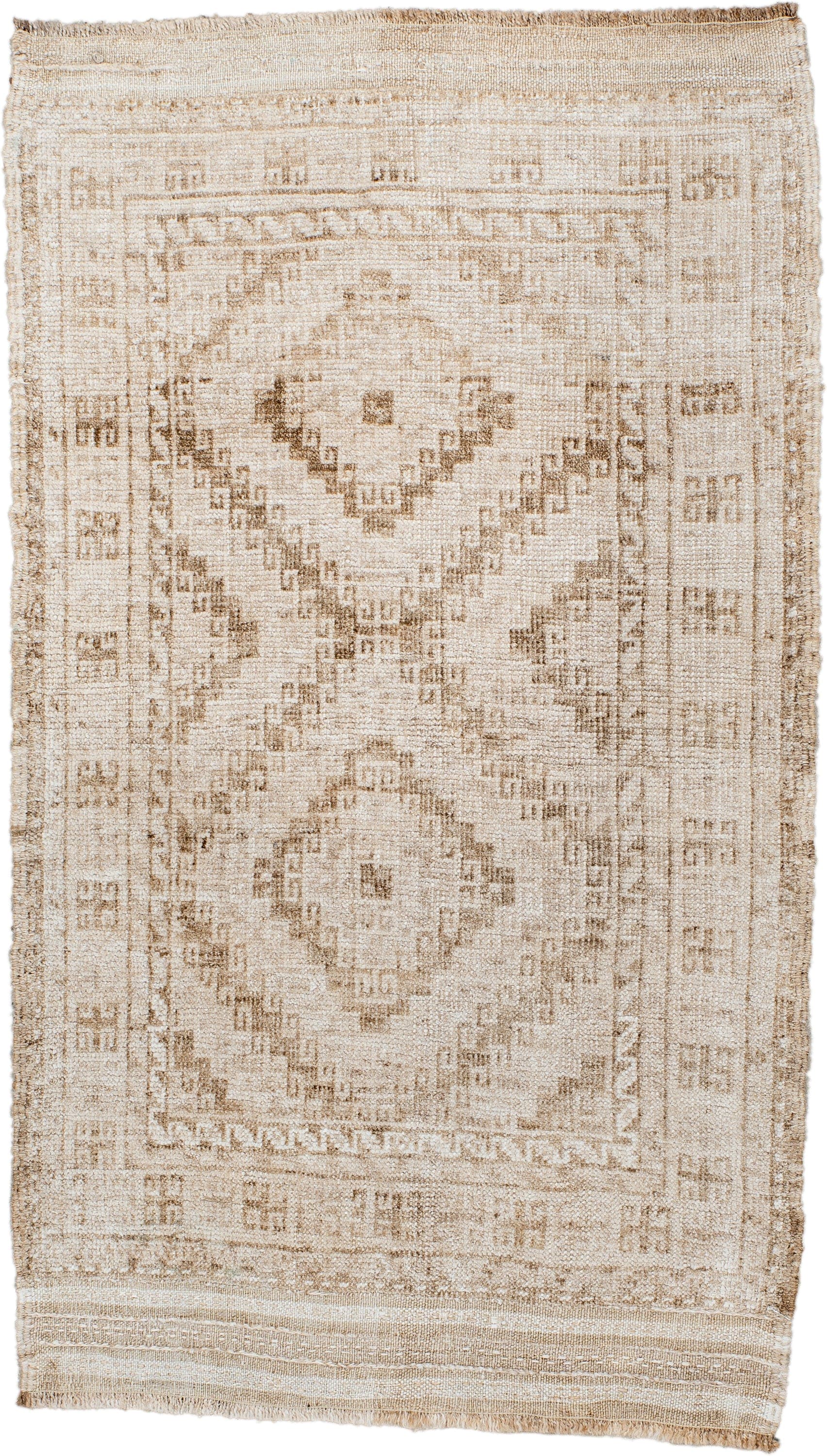 2' x 3' one-of-a-kind handmade antique Belouch small size rug. Color palette: ivory, taupe, beige, camel, gray