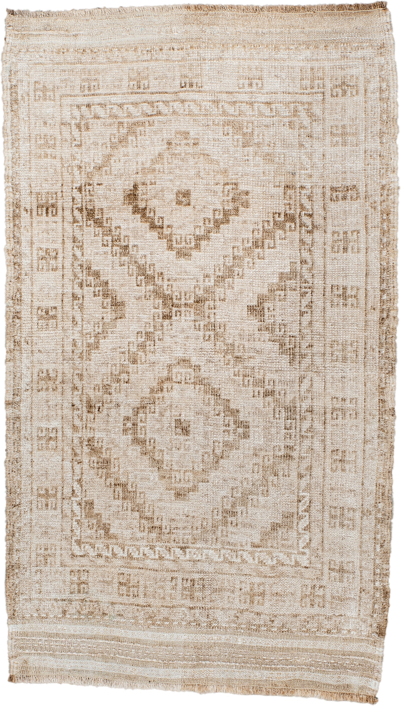 2' x 3' one-of-a-kind handmade antique Belouch small size rug. Color palette: ivory, taupe, beige, camel, gray