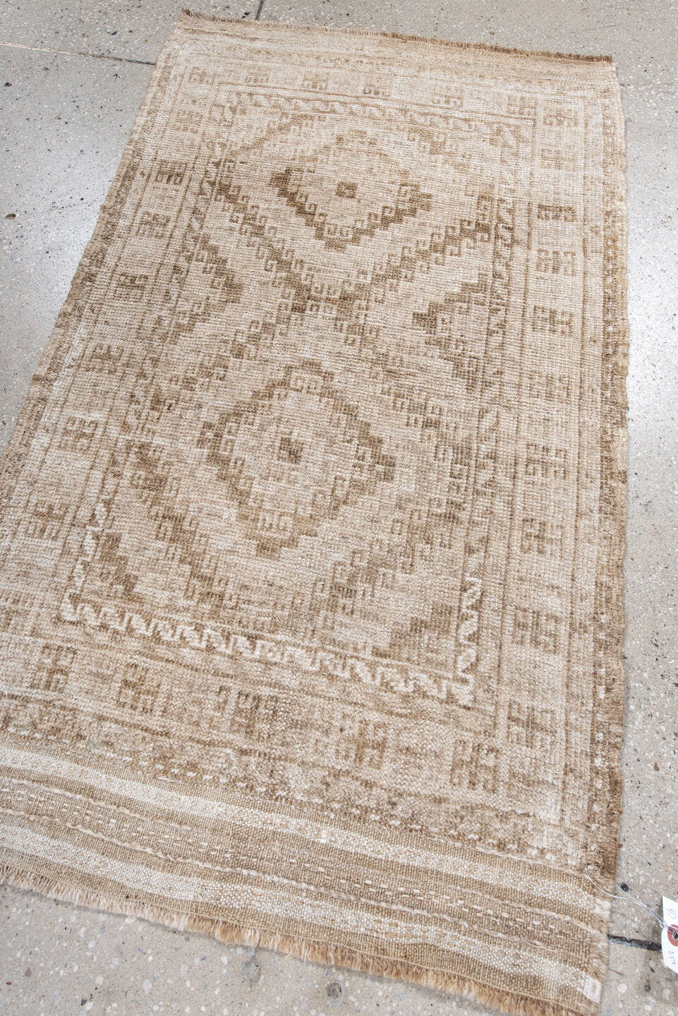 2' x 3' one-of-a-kind handmade antique Belouch small size rug. Color palette: ivory, taupe, beige, camel, gray
