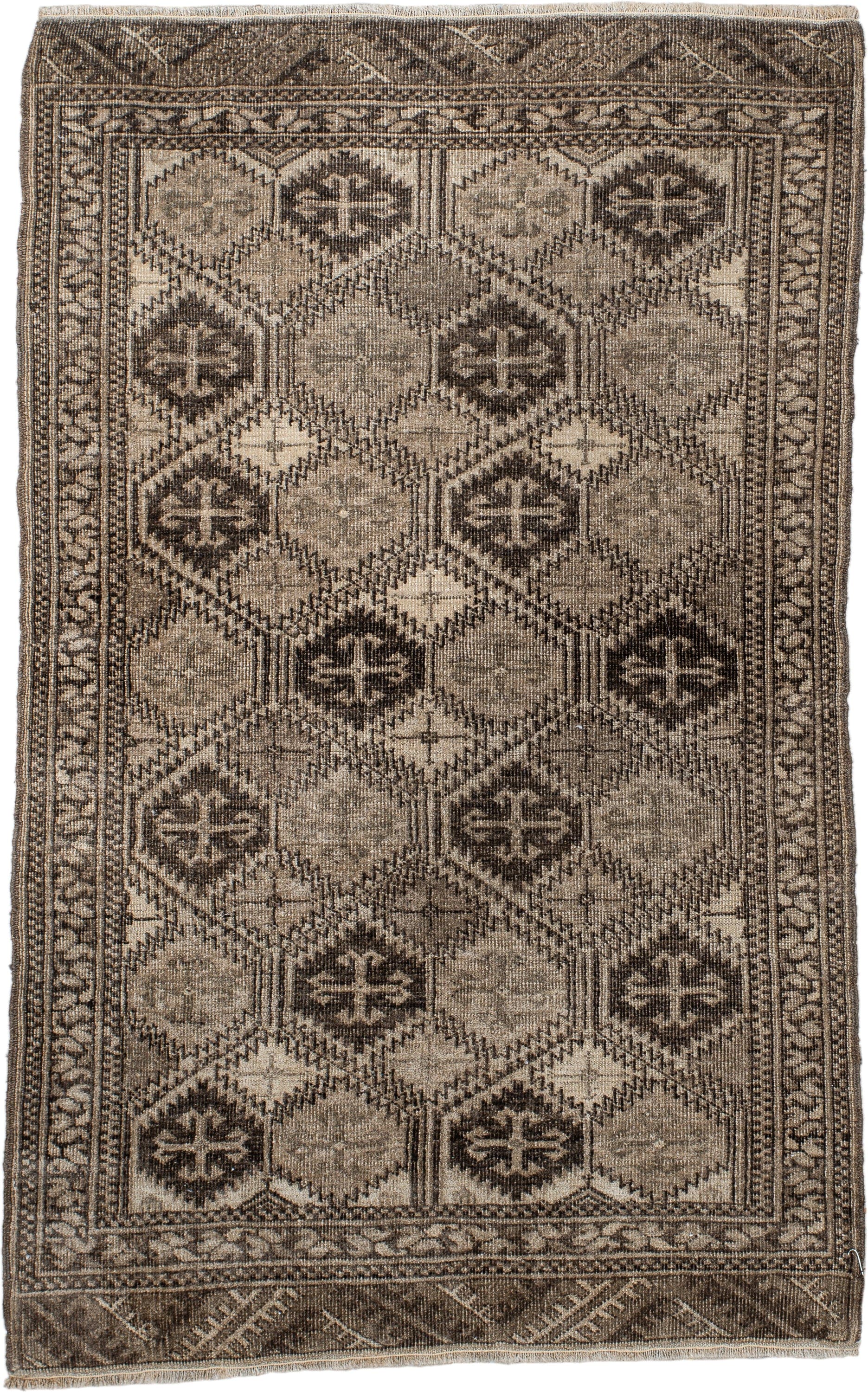2' x 4' one-of-a-kind handmade antique Afghan small size rug. Color palette: taupe, brown, ivory, charcoal, camel, beige
