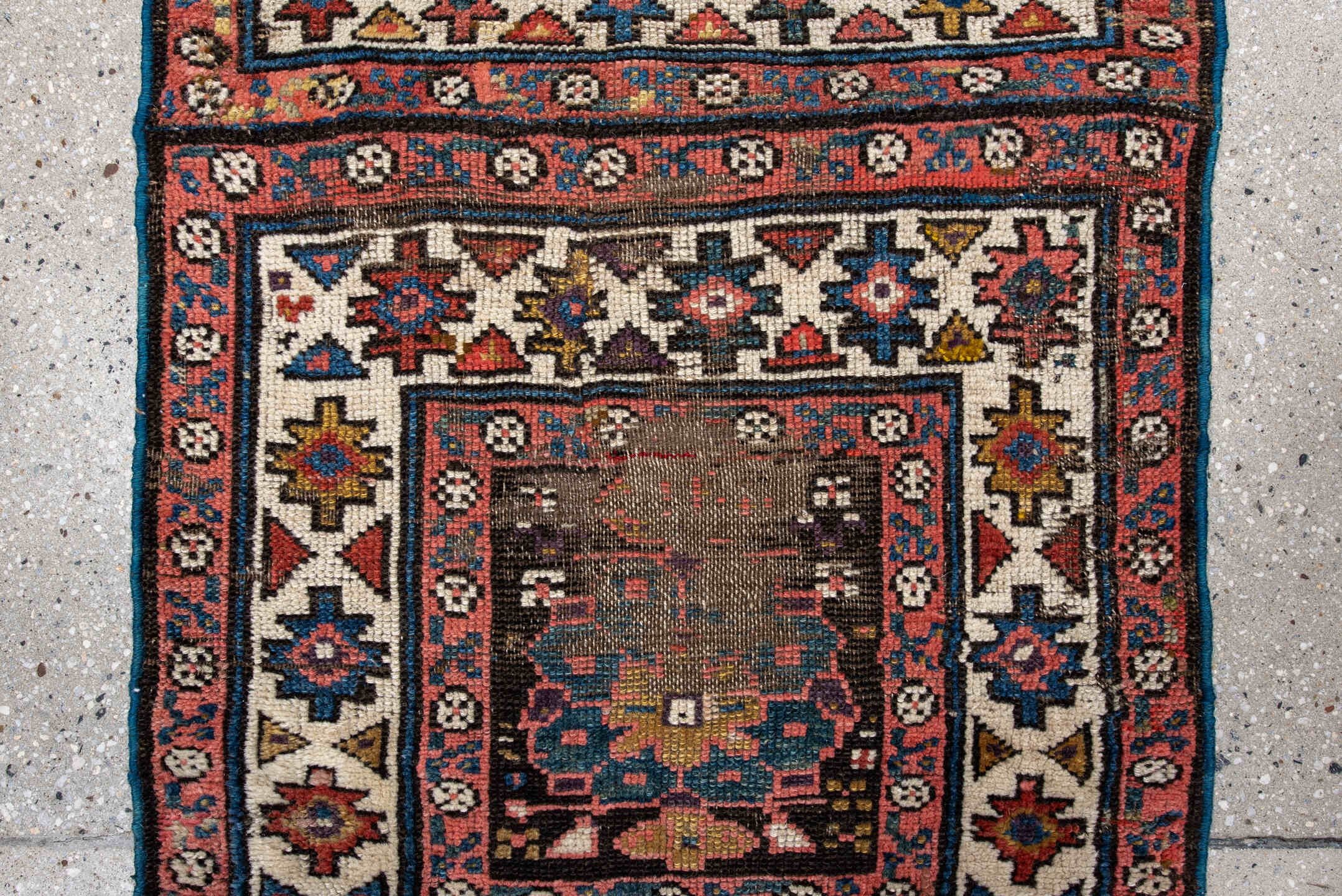 1' x 3' one-of-a-kind handmade vintage Kurd small size rug. Color palette: gray, orange, off-white, blue, black, brown, red