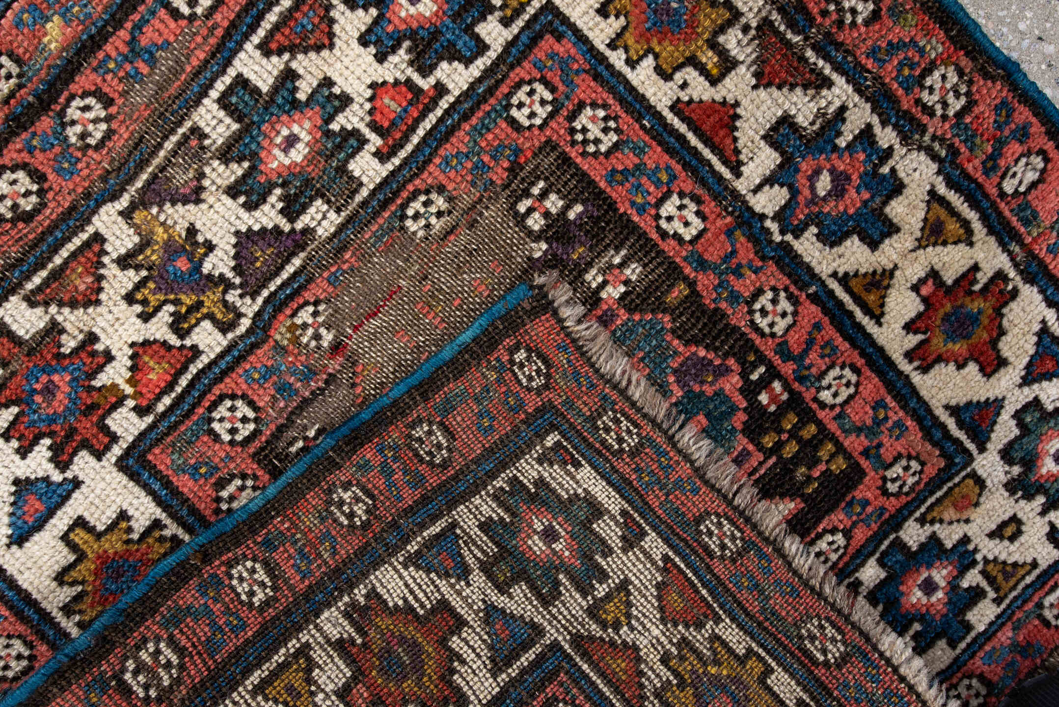1' x 3' one-of-a-kind handmade vintage Kurd small size rug. Color palette: antiquewhite, arapawa, black, blue, brown