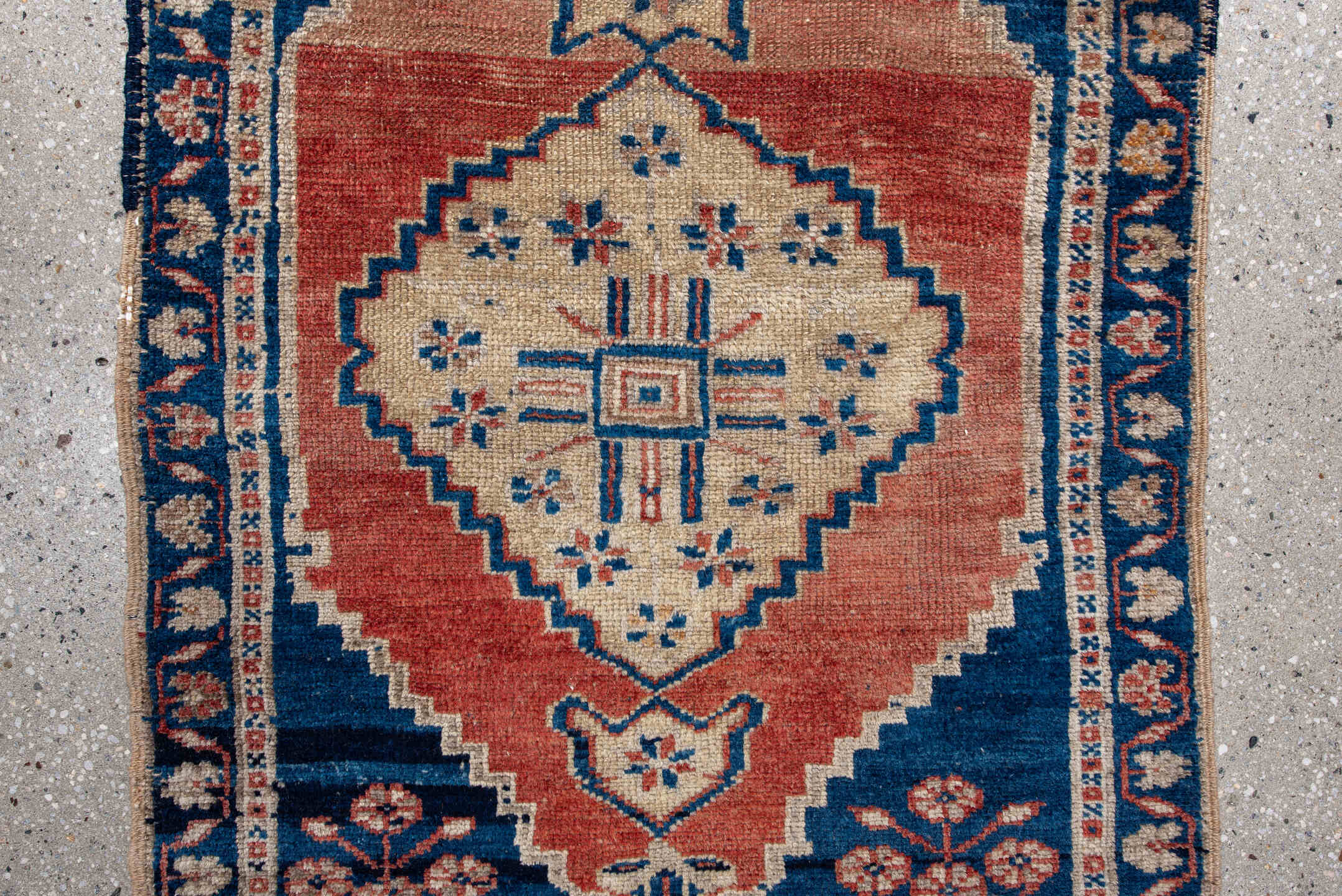 1' x 2' one-of-a-kind handmade vintage Anatol small size rug. Color palette: arapawa, blue, brown, gray, light gray