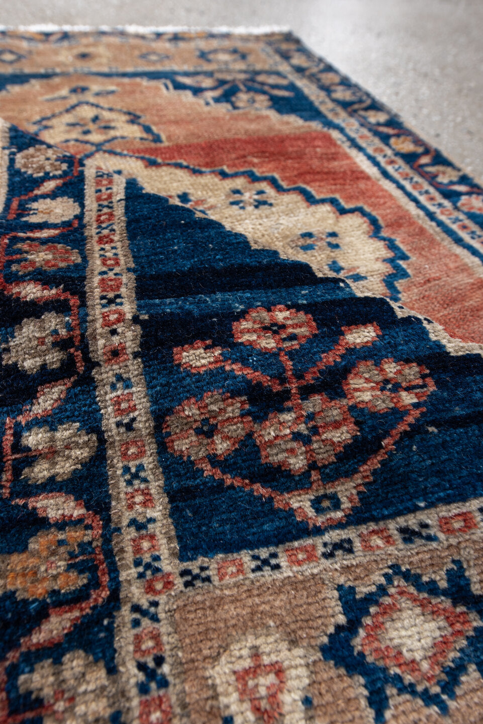 1' x 2' one-of-a-kind handmade vintage Anatol small size rug. Color palette: arapawa, blue, brown, gray, light gray