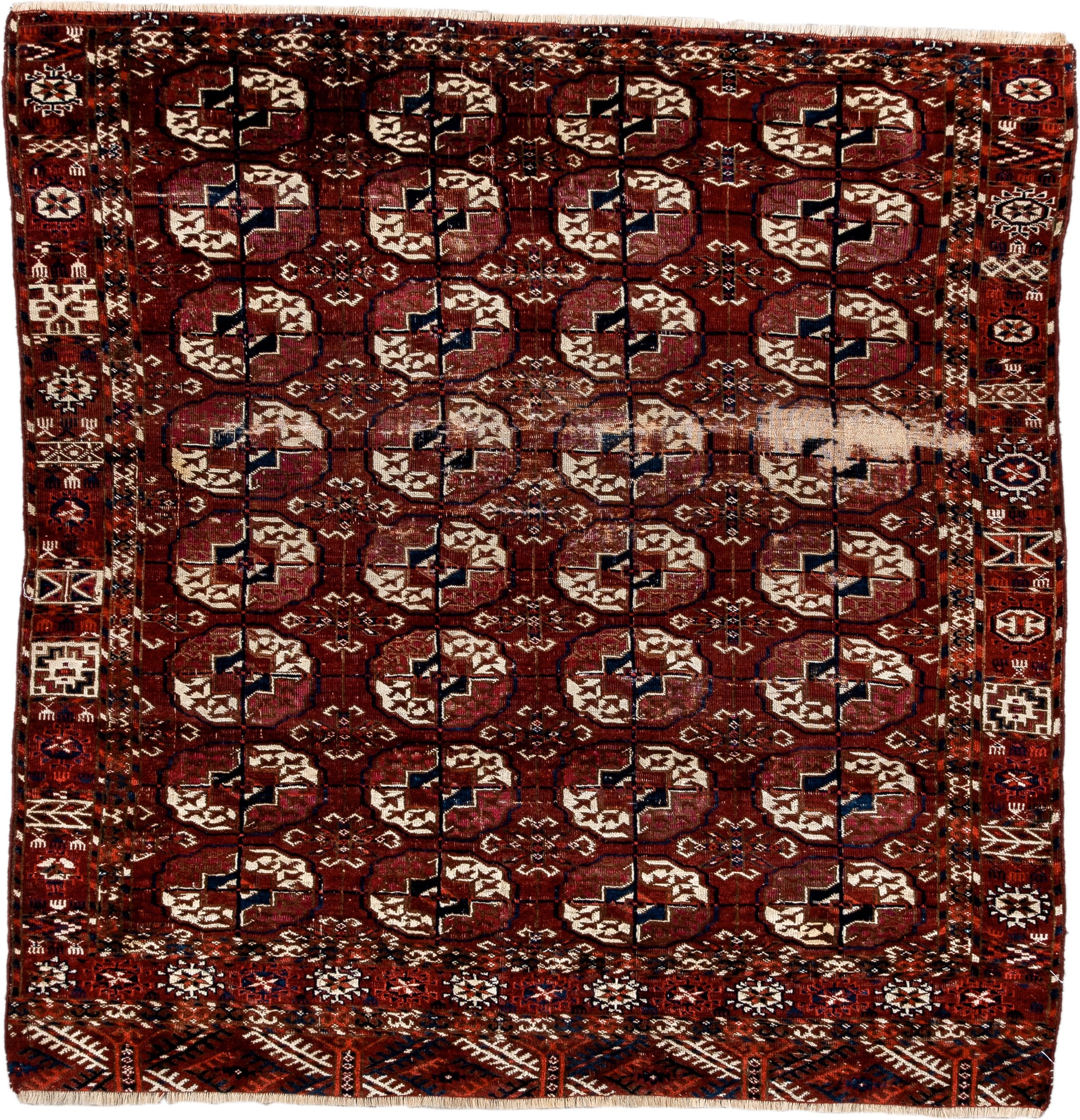 3' x 3' one-of-a-kind handmade antique Torkaman small size rug. Color palette: rust, burgundy, ivory, navy, mahogany