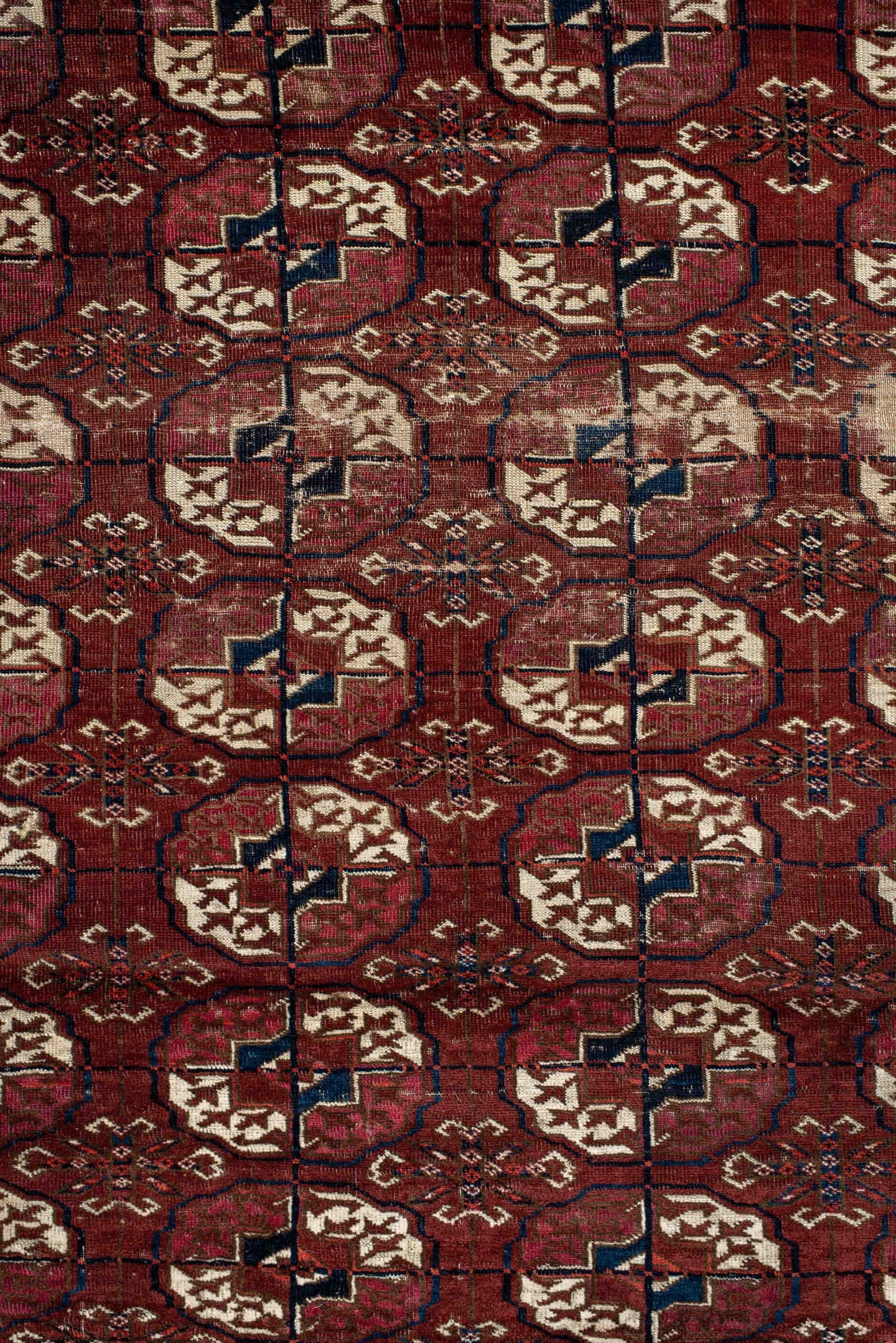 3' x 3' one-of-a-kind handmade antique Torkaman small size rug. Color palette: rust, burgundy, ivory, navy, mahogany