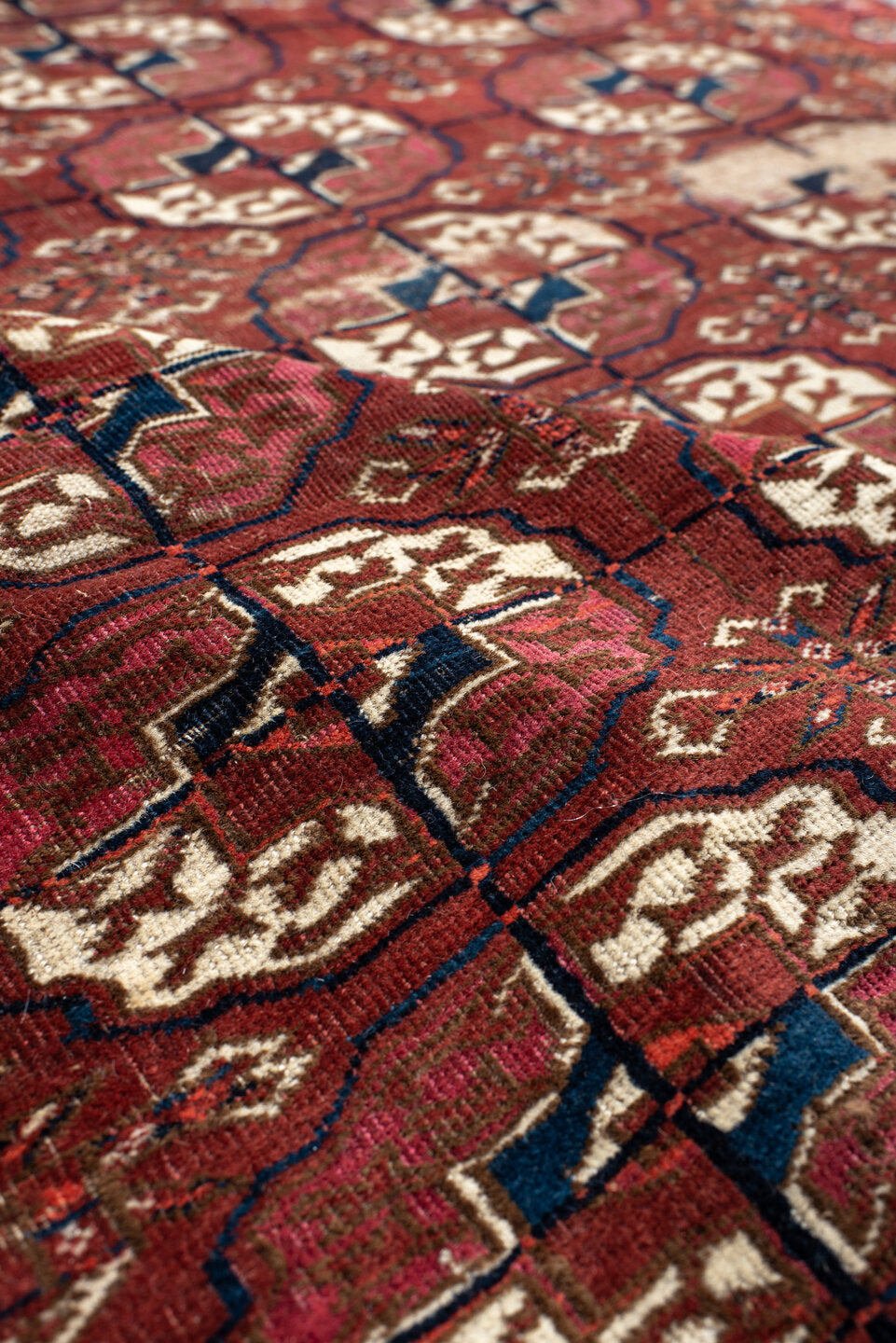 3' x 3' one-of-a-kind handmade antique Torkaman small size rug. Color palette: rust, burgundy, ivory, navy, mahogany