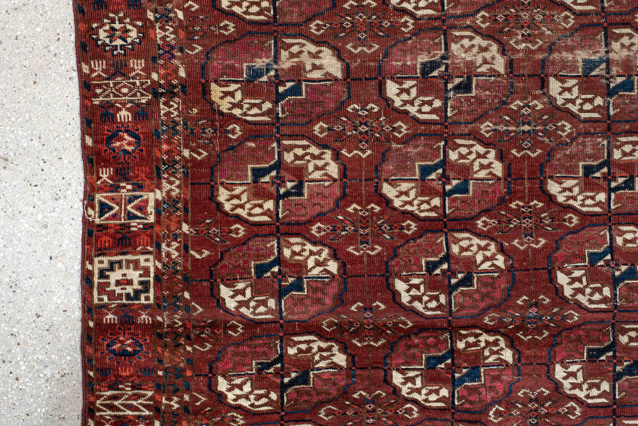 3' x 3' one-of-a-kind handmade antique Torkaman small size rug. Color palette: rust, burgundy, ivory, navy, mahogany