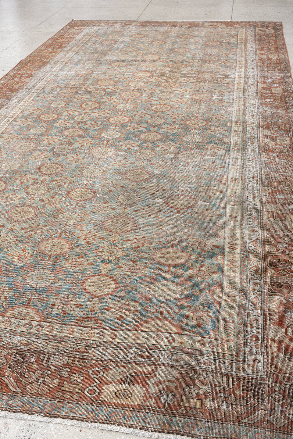 6' x 13' one-of-a-kind handmade antique Farahan large size rug. Color palette: blue green, terracotta, ivory, dusty rose