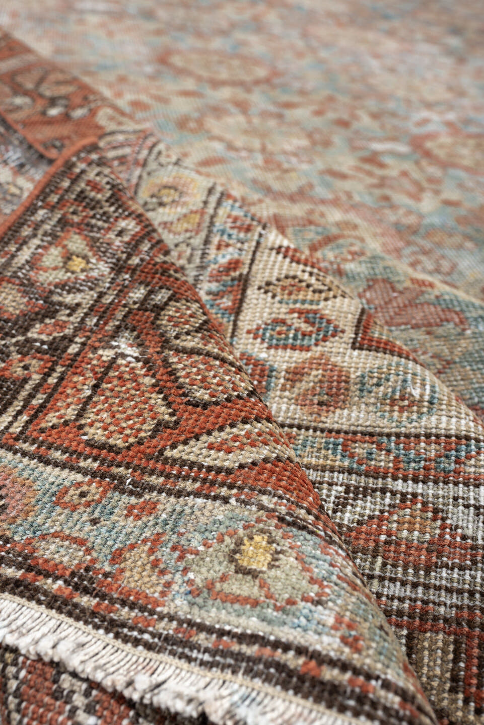 6' x 13' one-of-a-kind handmade antique Farahan large size rug. Color palette: blue green, terracotta, ivory, dusty rose