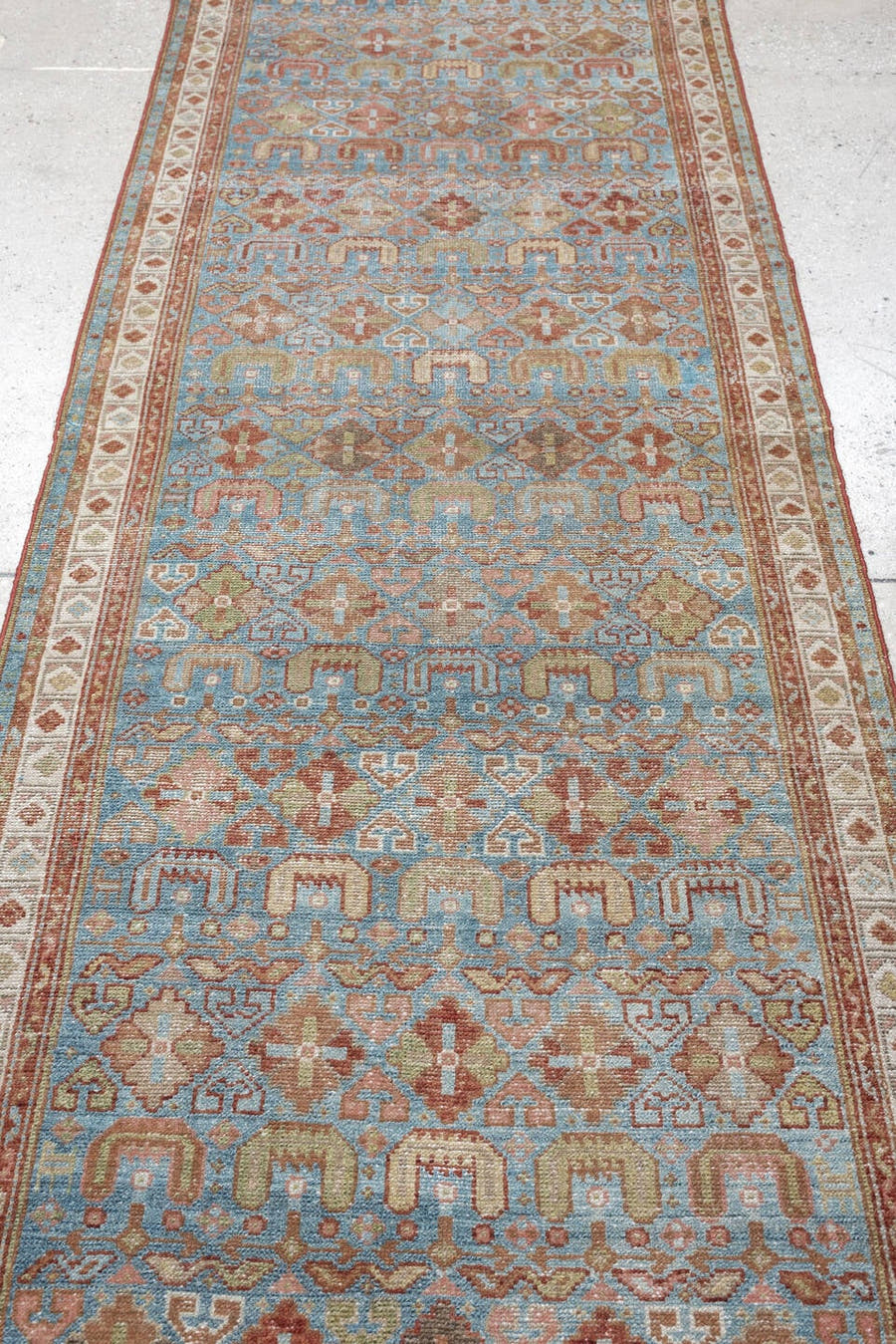 2' x 13' one-of-a-kind handmade antique Malayer runner rug. Color palette: turquoise, terracotta, ivory, camel, rust, sage
