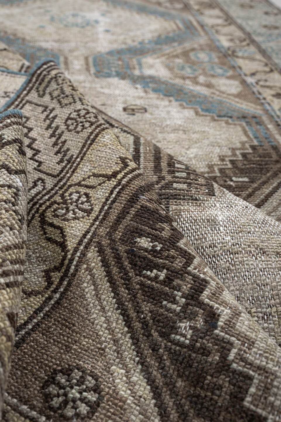 3' x 11' one-of-a-kind handmade antique Malayer runner rug. Color palette: ivory, taupe, sky blue, brown, camel, charcoal