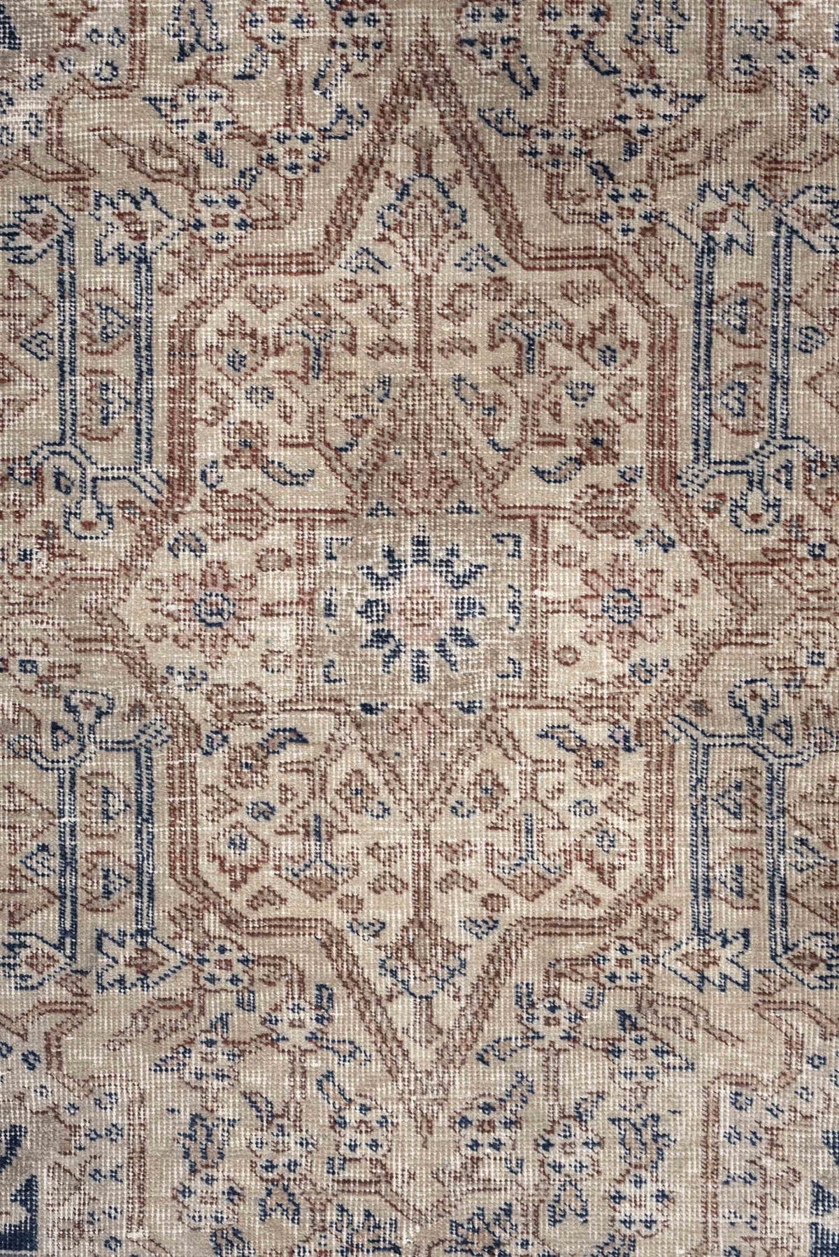 9' x 15' one-of-a-kind handmade vintage Sparta rug. Color palette: ivory, taupe, slate blue, charcoal, beige, navy, camel