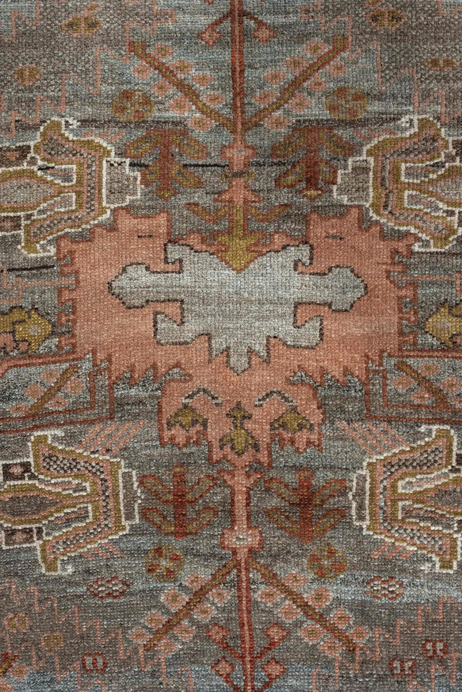 4' x 6' one-of-a-kind handmade antique Baktiary rug. Color palette: blue gray, rust, ivory, rose, taupe, camel, olive, brown