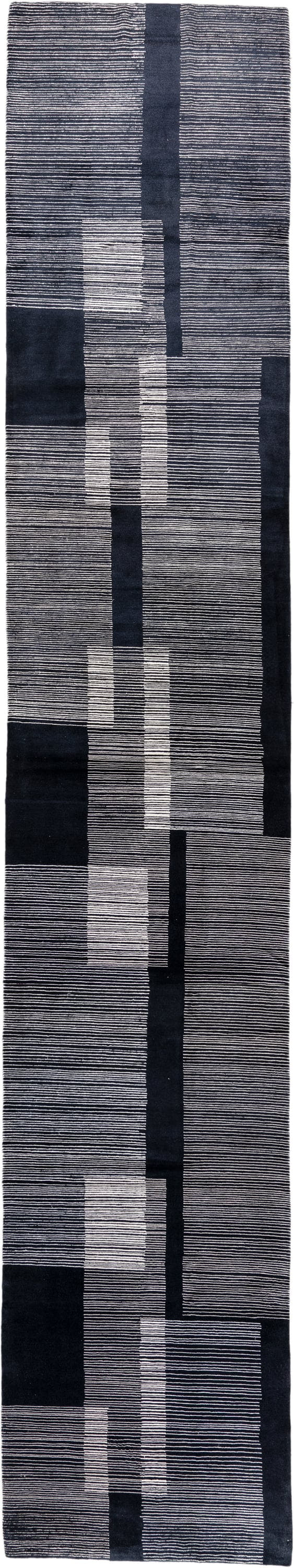 4' x 22' one-of-a-kind handmade antique Tibetan runner rug. Color palette: charcoal, slate, ivory, pewter, ebony, black