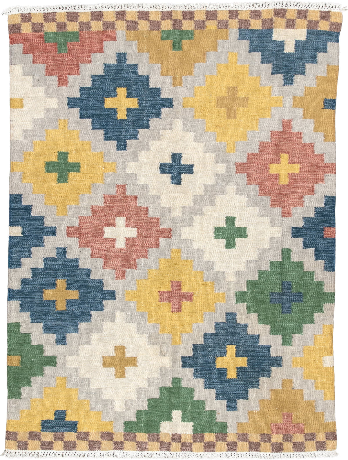 4' x 6' one-of-a-kind handmade antique Rollaken rug. Color palette: ivory, denim blue, yellow, sage green, dusty rose