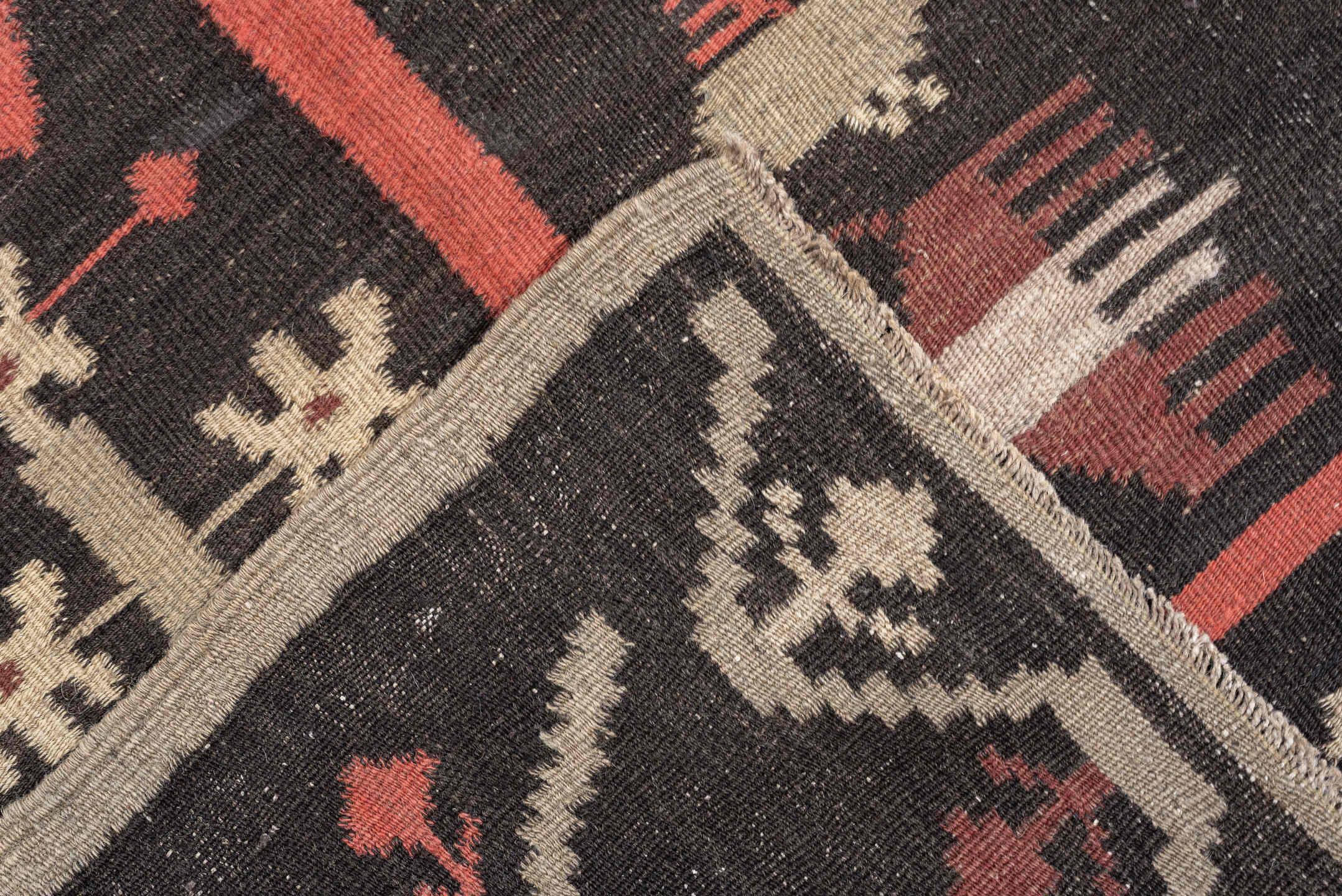 6' x 8' one-of-a-kind handmade antique Kilim rug. Color palette: charcoal, ivory, coral, rust, taupe, brown, black, gray