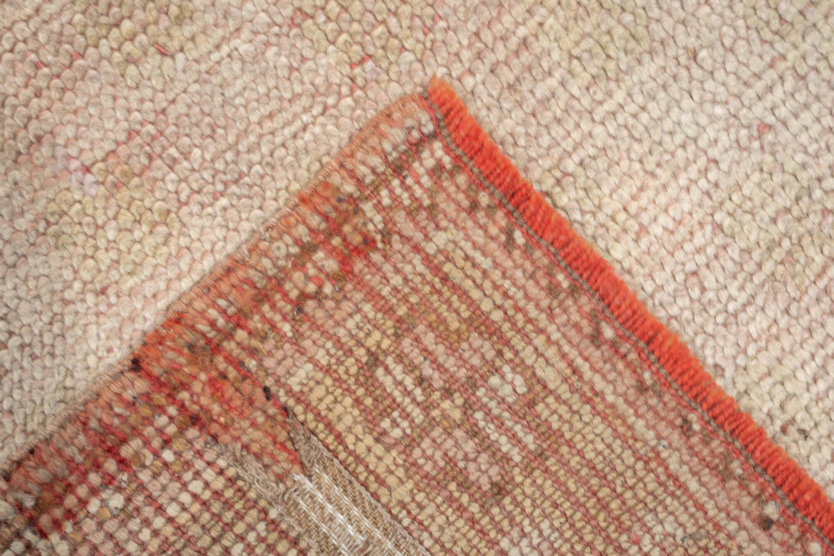 3' x 11' one-of-a-kind handmade antique Oushak runner rug. Color palette: ivory, blush, beige, soft sage, peach, pink