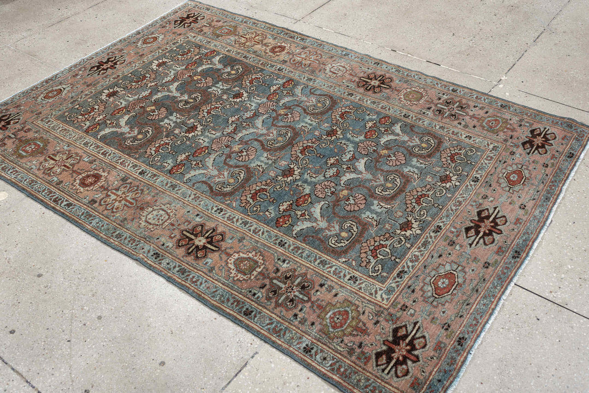 4' x 6' one-of-a-kind handmade antique Malayer rug. Color palette: blue gray, blush, ivory, rust, brown, charcoal, sage