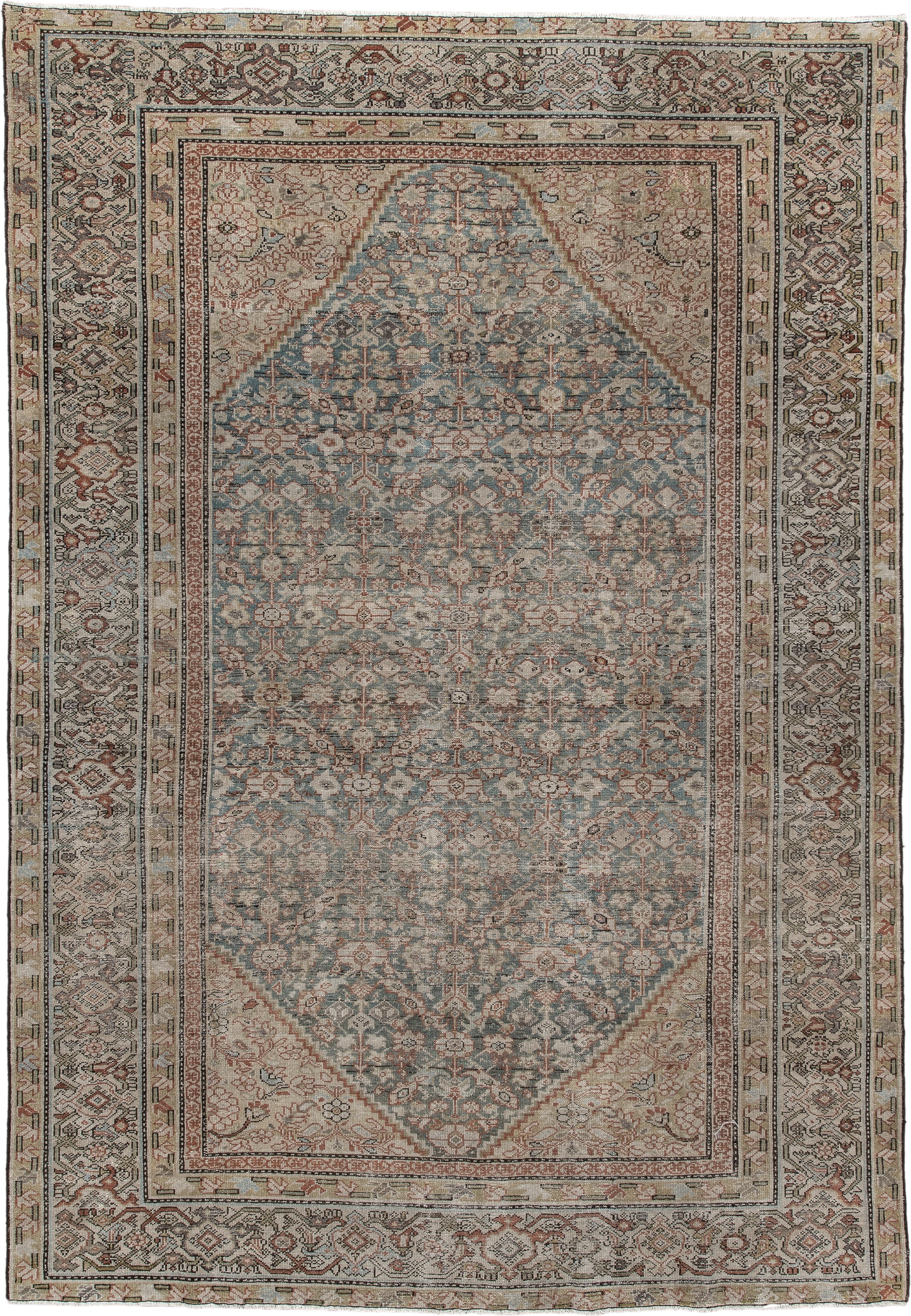6' x 9' one-of-a-kind handmade antique Malayer large size rug. Color palette: blue gray, ivory, taupe, rust, sage, charcoal