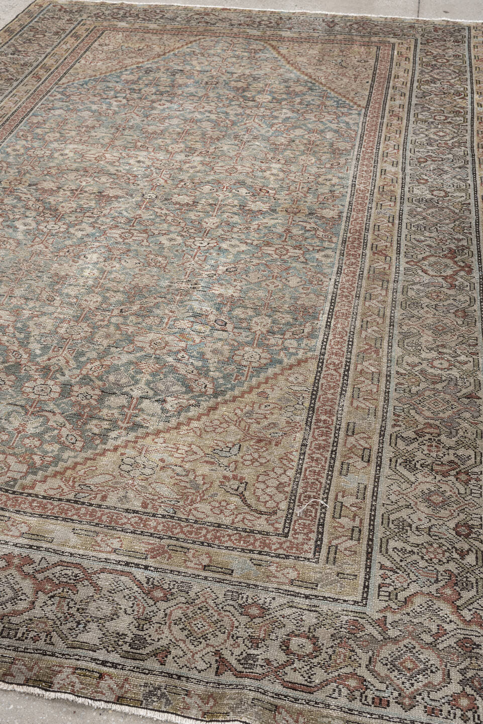 6' x 9' one-of-a-kind handmade antique Malayer large size rug. Color palette: blue gray, ivory, taupe, rust, sage, charcoal