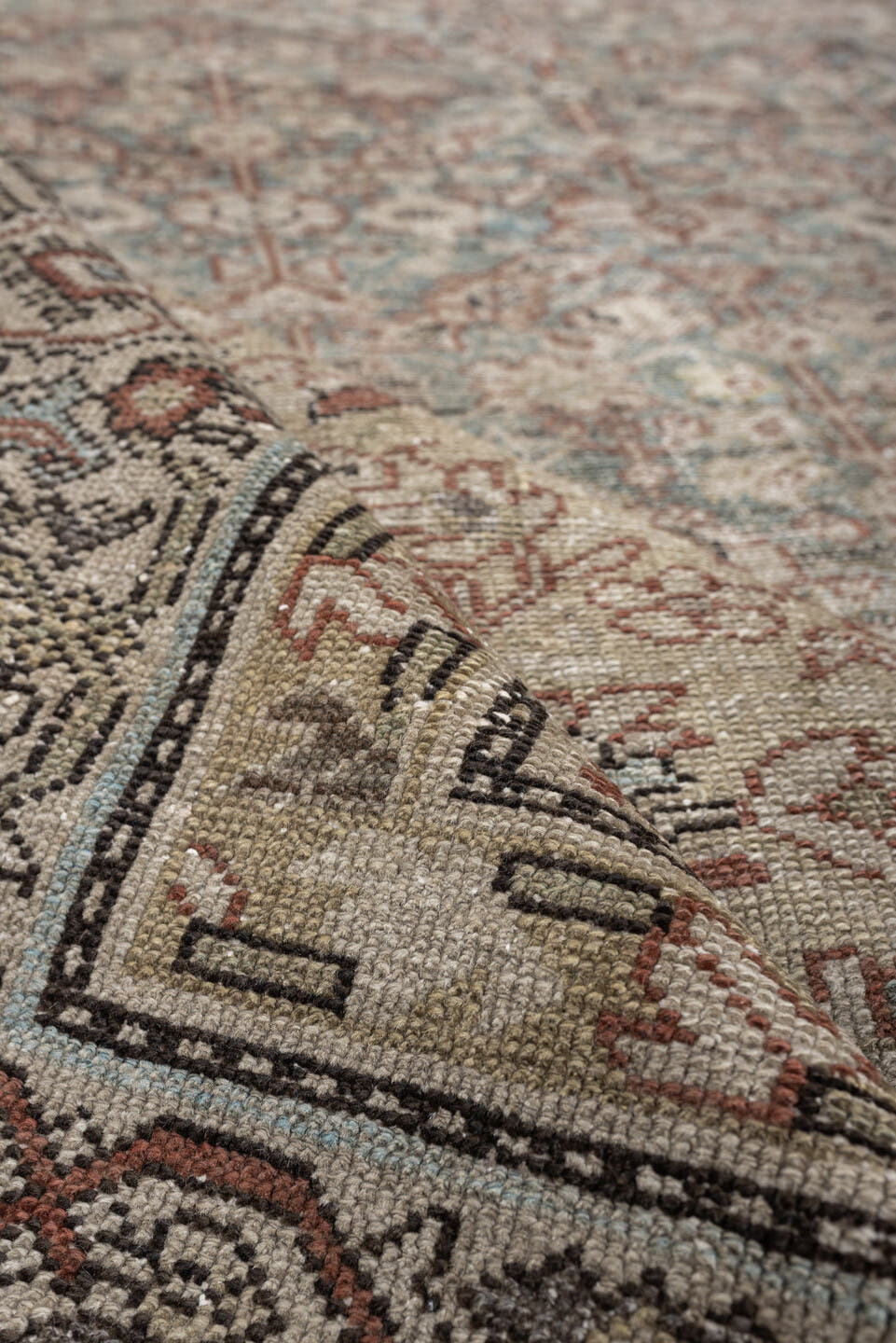 6' x 9' one-of-a-kind handmade antique Malayer large size rug. Color palette: blue gray, ivory, taupe, rust, sage, charcoal