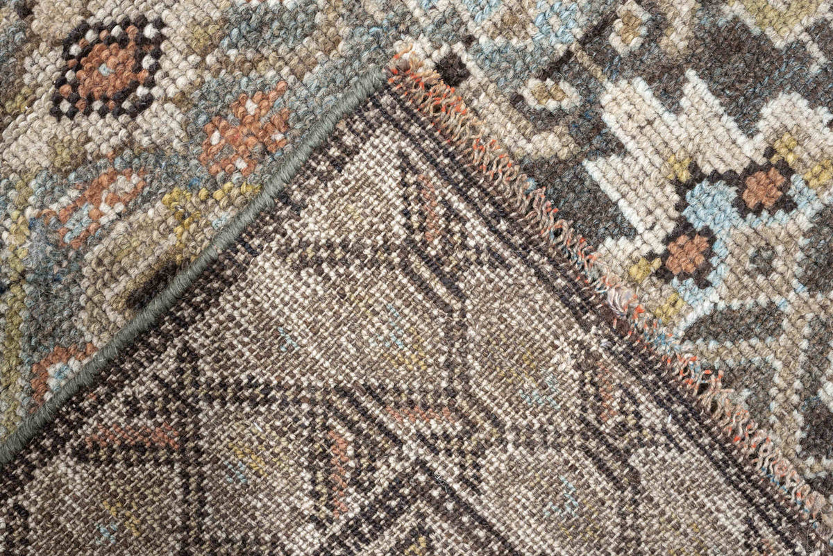 2' x 18' one-of-a-kind handmade antique runner rug. Color palette: blue gray, ivory, camel, charcoal, rust, taupe, sage