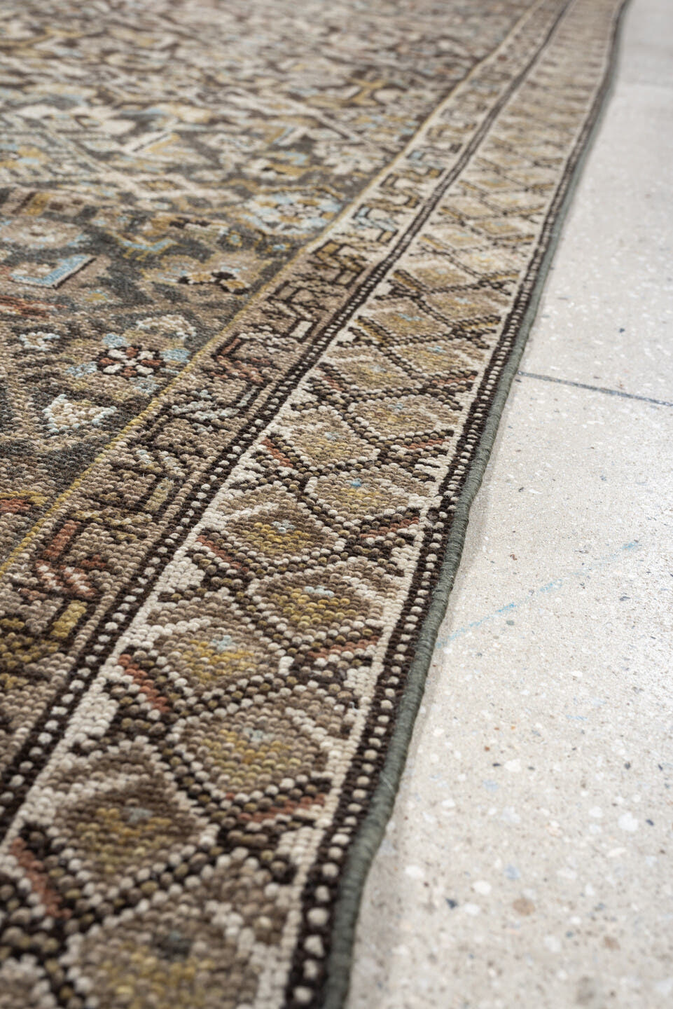 2' x 18' one-of-a-kind handmade antique runner rug. Color palette: blue gray, ivory, camel, charcoal, rust, taupe, sage