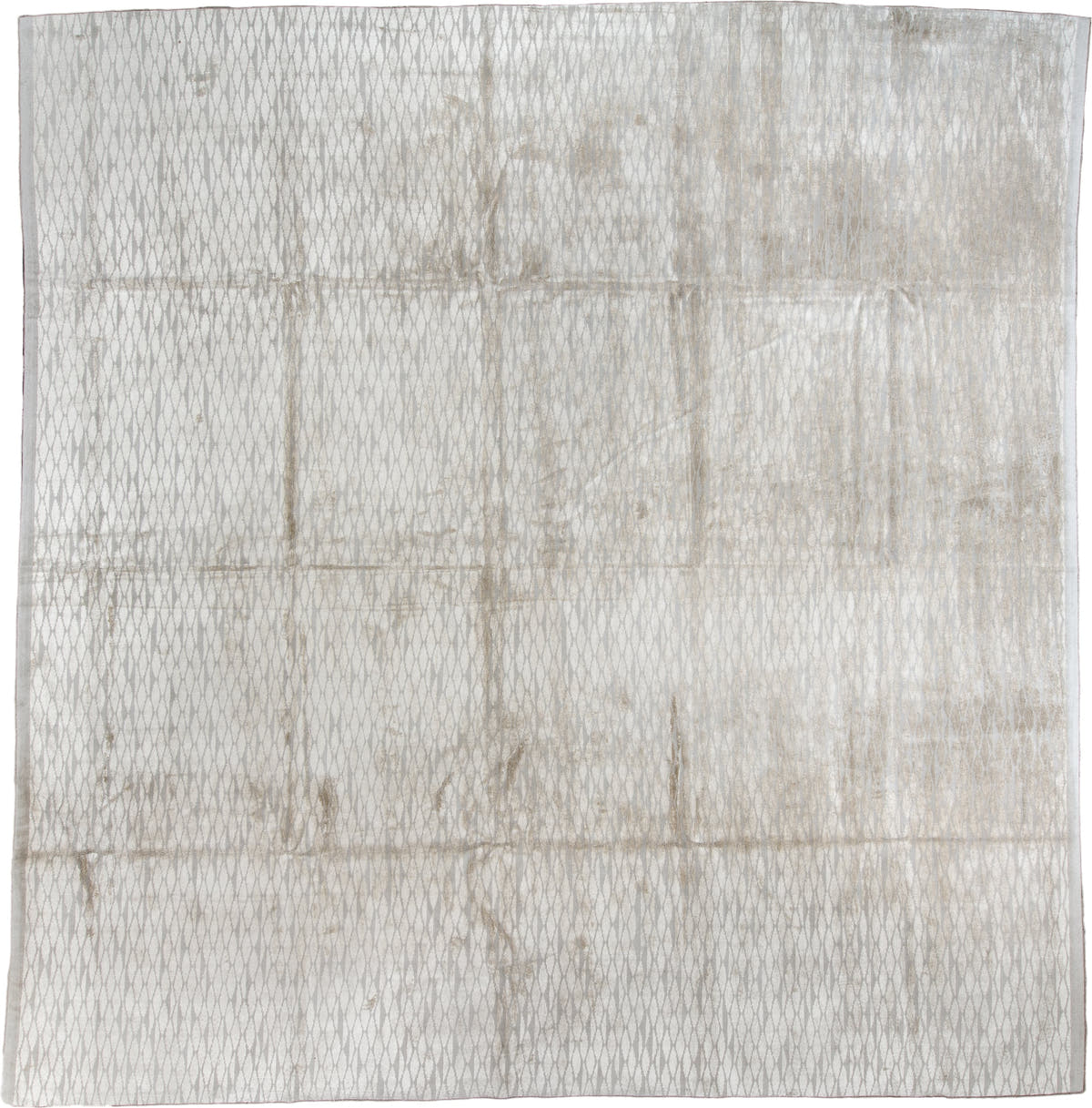 14' x 15' one-of-a-kind handmade antique Tibetan oversize rug. Color palette: ivory, pale gray, taupe, beige, light gray