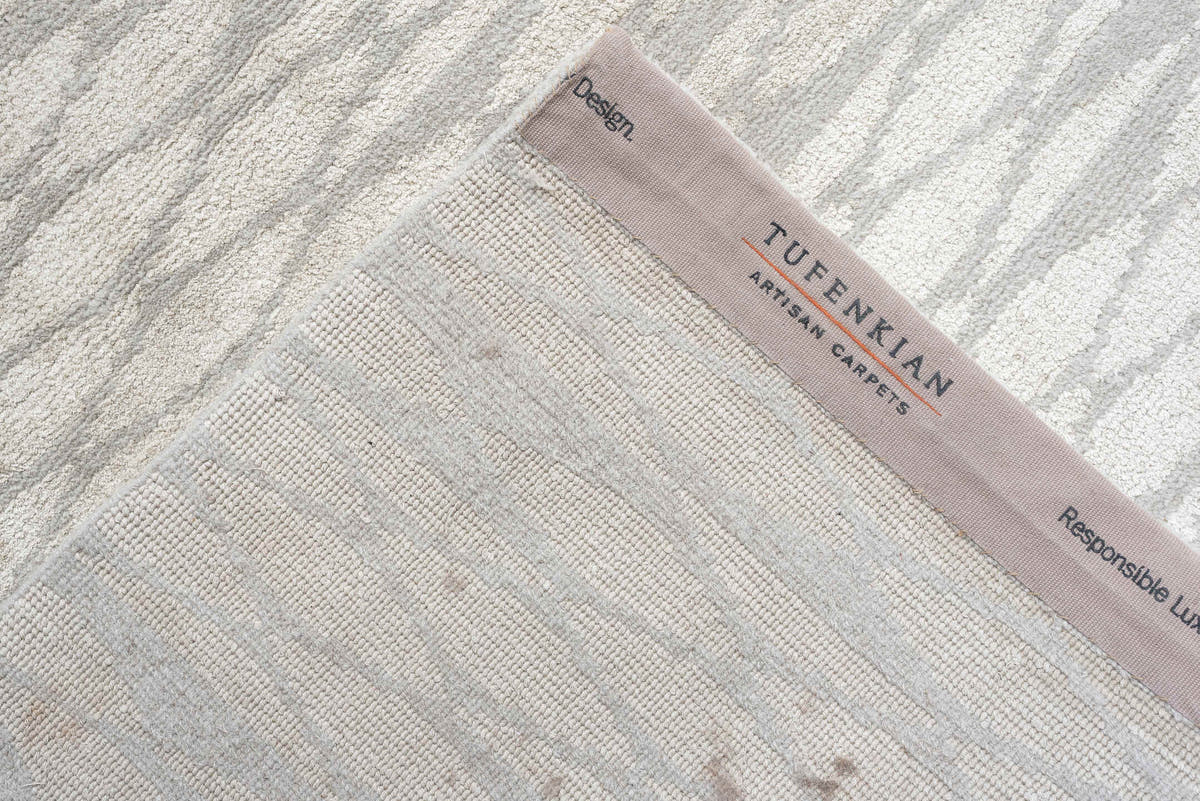 14' x 15' one-of-a-kind handmade antique Tibetan oversize rug. Color palette: ivory, pale gray, taupe, beige, light gray