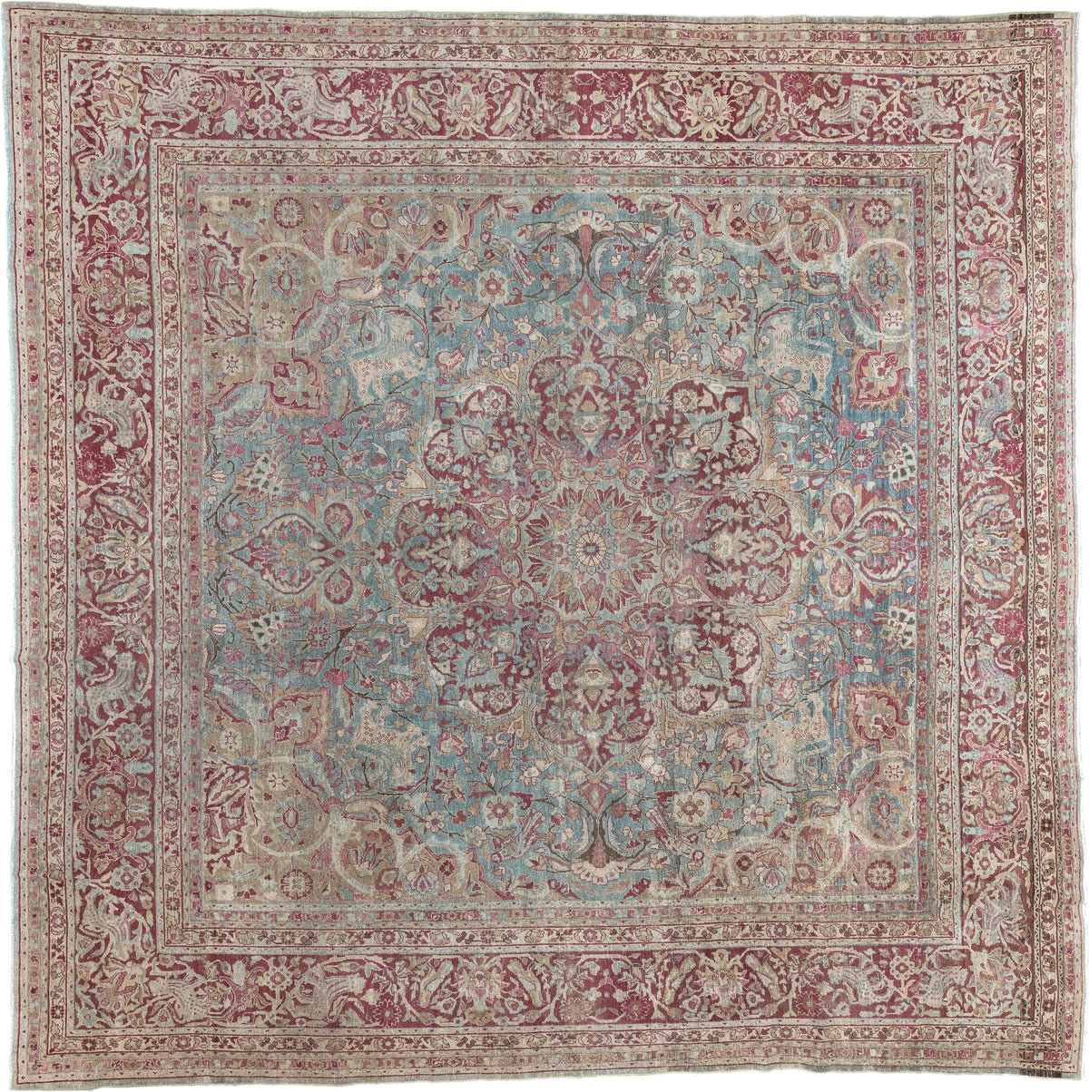 12' x 12' one-of-a-kind handmade antique Meshed oversize rug. Color palette: powder blue, dusty rose, burgundy, ivory, sage