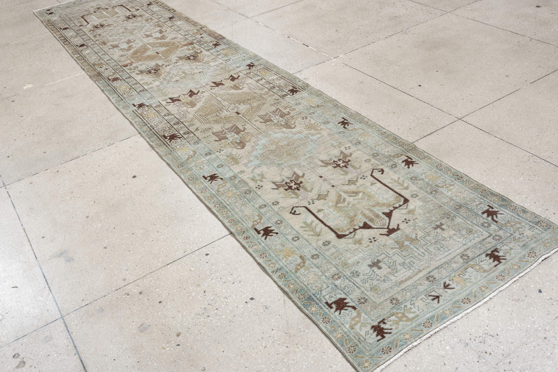 3' x 14' one-of-a-kind handmade antique Malayer runner rug. Color palette: ivory, pale blue, taupe, brown, camel, charcoal