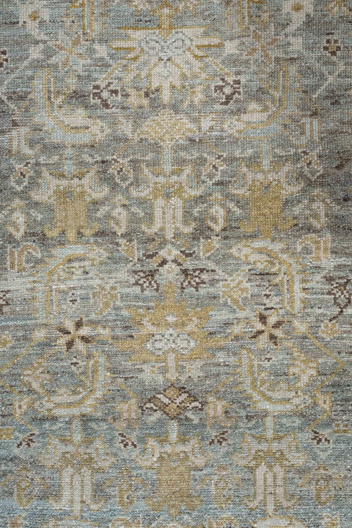2' x 15' one-of-a-kind handmade antique Malayer runner rug. Color palette: pale blue, ivory, taupe, camel, gold, charcoal