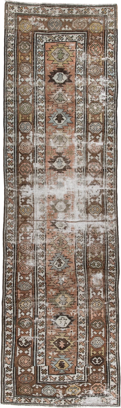 3' x 10' one-of-a-kind handmade antique NW Persian runner rug. Color palette: terra cotta, ivory, brown, olive, camel, taupe