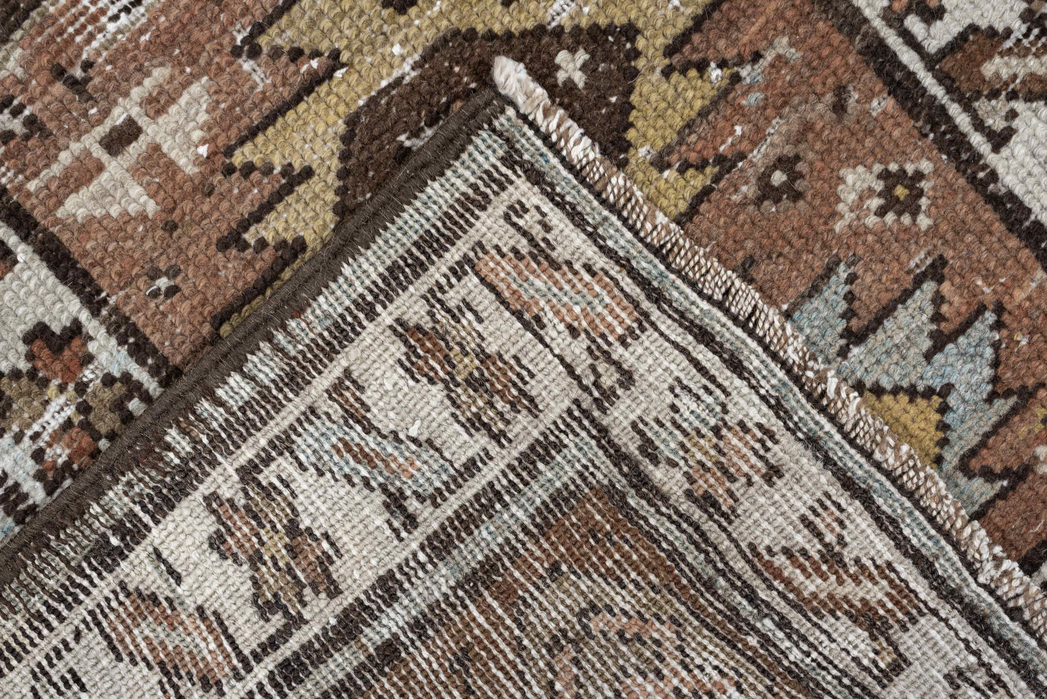 3' x 10' one-of-a-kind handmade antique NW Persian runner rug. Color palette: terra cotta, ivory, brown, olive, camel, taupe