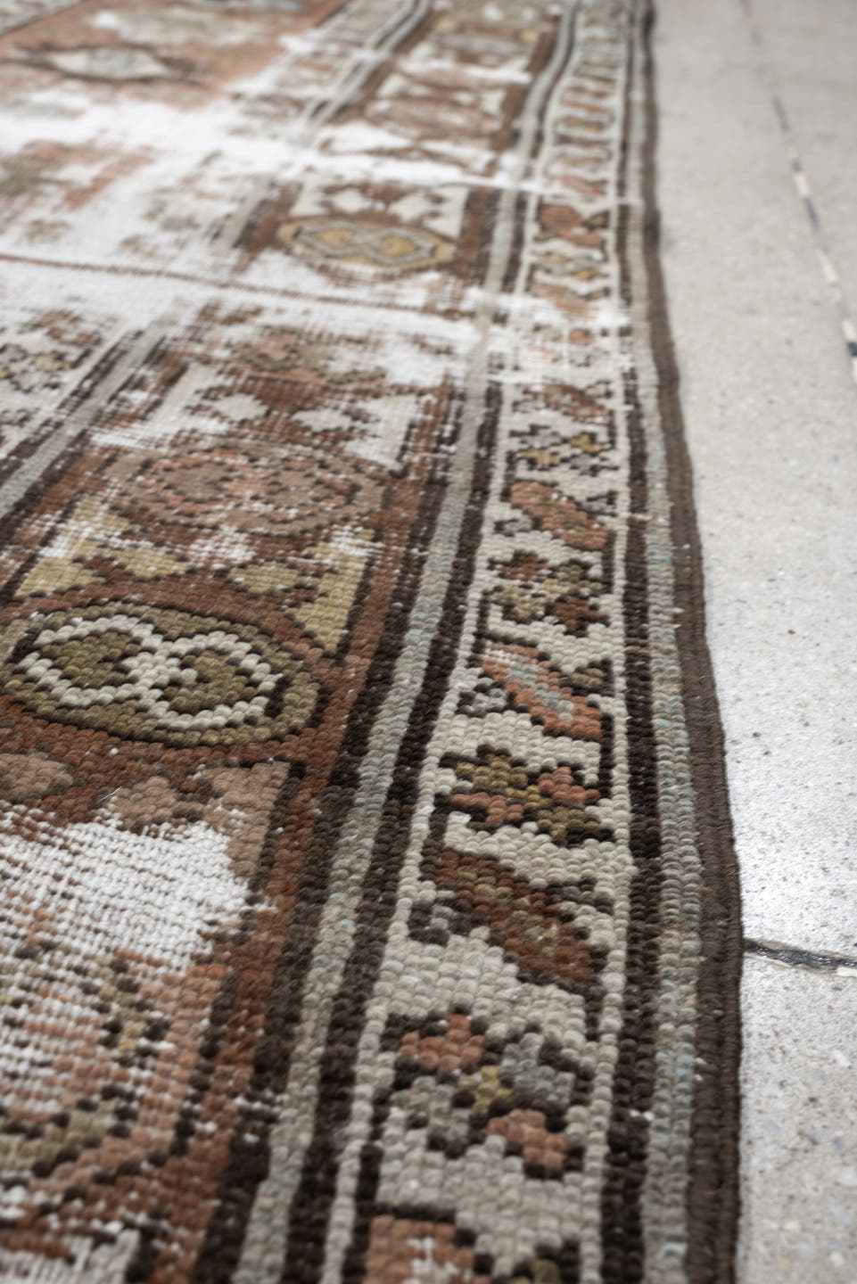 3' x 10' one-of-a-kind handmade antique NW Persian runner rug. Color palette: terra cotta, ivory, brown, olive, camel, taupe