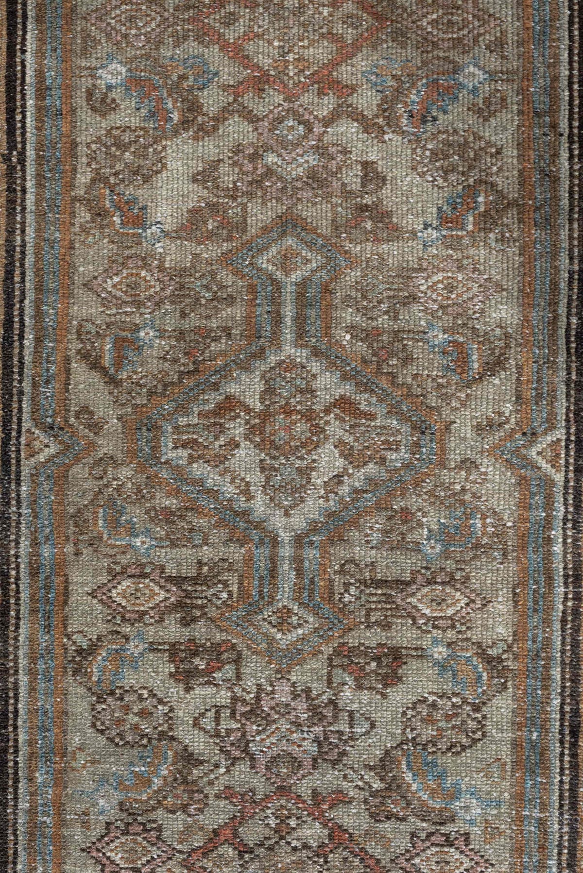 2' x 4' one-of-a-kind handmade antique Malayer small size rug. Color palette: ivory, taupe, camel, sky blue, brown