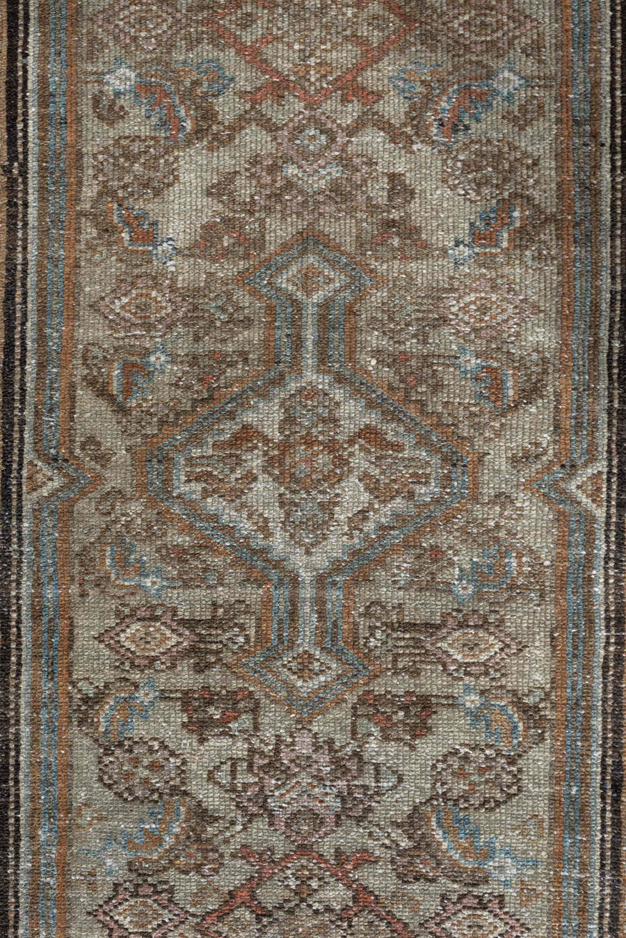 2' x 4' one-of-a-kind handmade antique Malayer small size rug. Color palette: ivory, taupe, camel, sky blue, brown