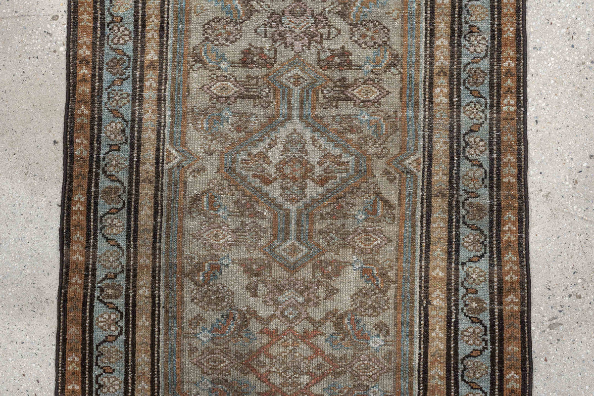 2' x 4' one-of-a-kind handmade antique Malayer small size rug. Color palette: ivory, taupe, camel, sky blue, brown