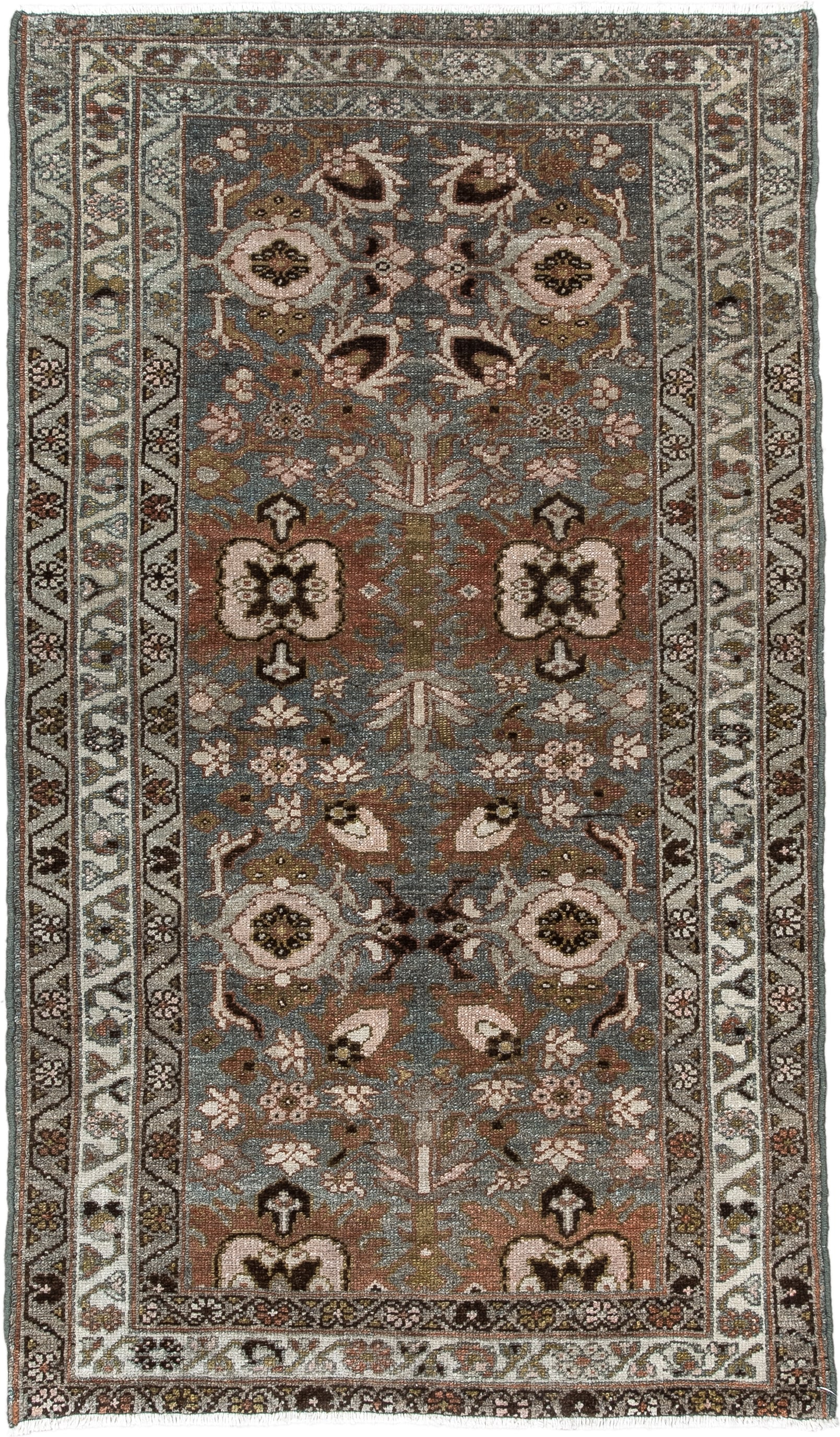 2' x 4' one-of-a-kind handmade antique Afshar small size rug. Color palette: blue gray, ivory, rust, taupe, olive