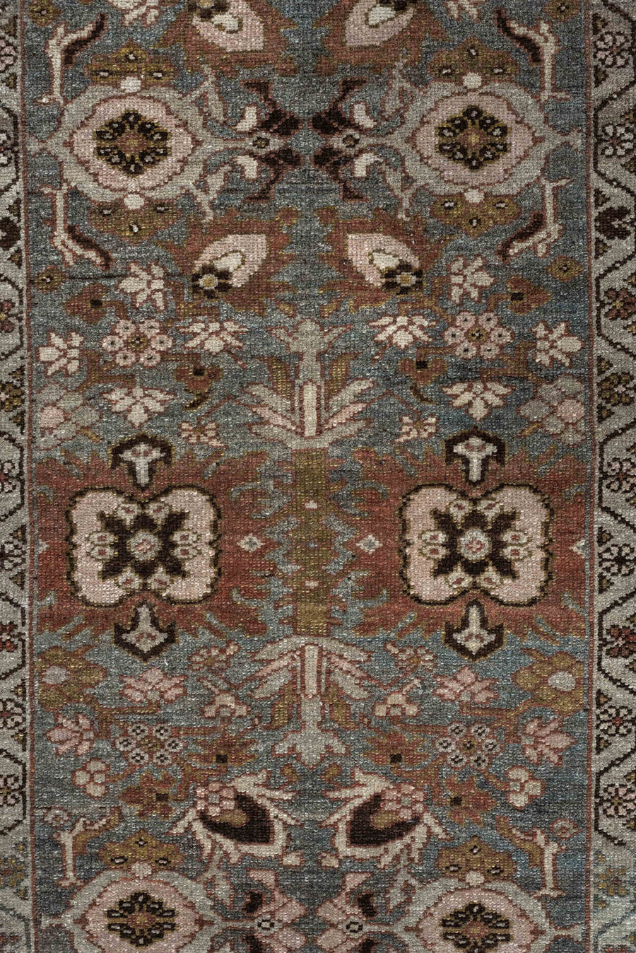2' x 4' one-of-a-kind handmade antique Afshar small size rug. Color palette: blue gray, ivory, rust, taupe, olive