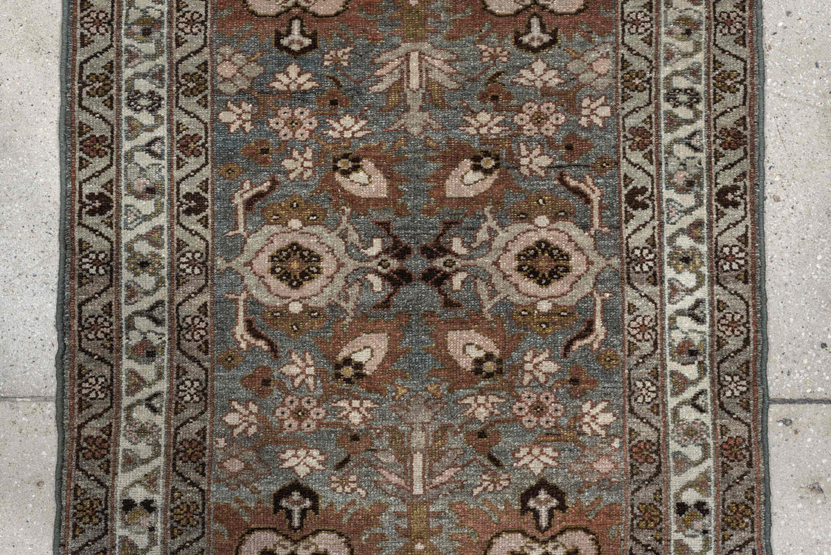 2' x 4' one-of-a-kind handmade antique Afshar small size rug. Color palette: blue gray, ivory, rust, taupe, olive