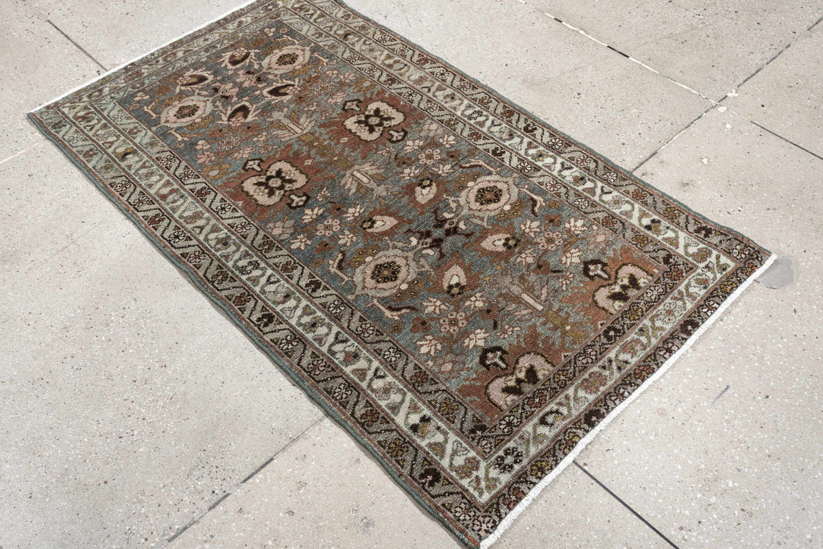 2' x 4' one-of-a-kind handmade antique Afshar small size rug. Color palette: blue gray, ivory, rust, taupe, olive