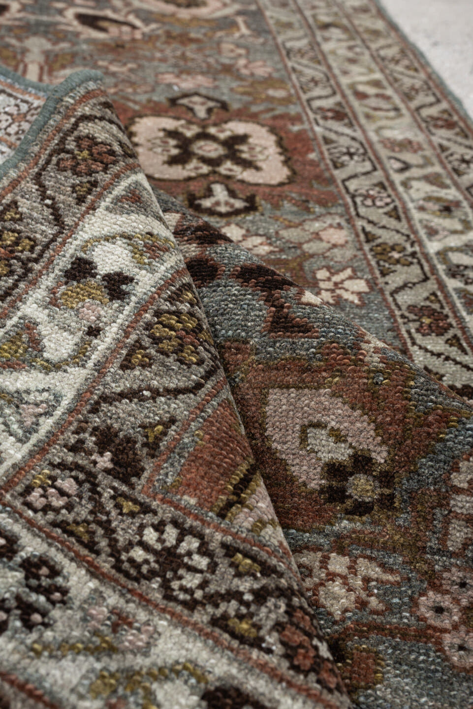 2' x 4' one-of-a-kind handmade antique Afshar small size rug. Color palette: blue gray, ivory, rust, taupe, olive