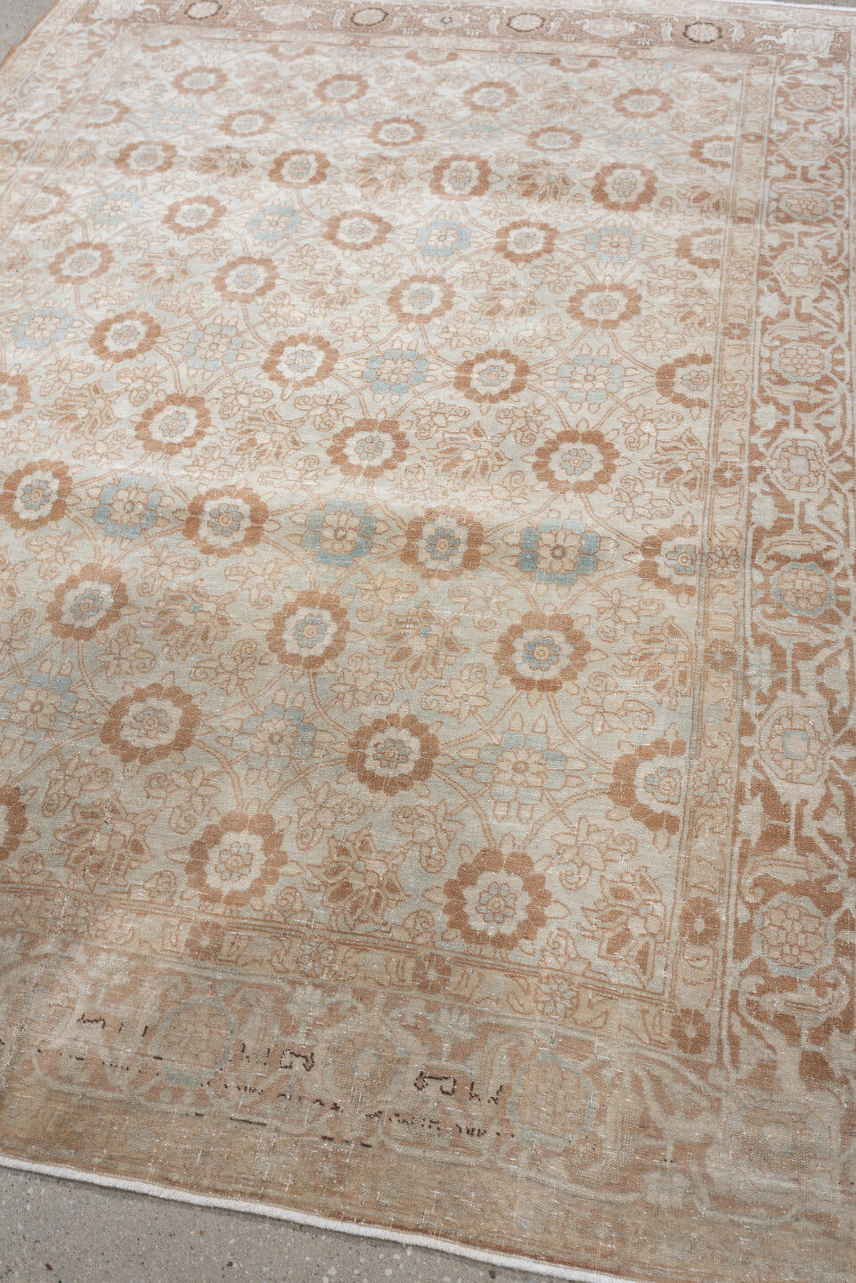 5' x 7' one-of-a-kind handmade antique Tabriz rug. Color palette: ivory, blush, pale blue, peach, beige, taupe, pink